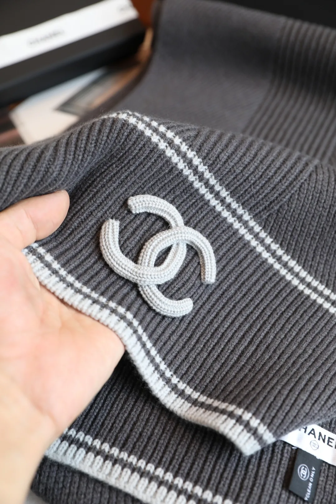 Chanel Wool Cashmere Striped Scarf in Grey · view 7