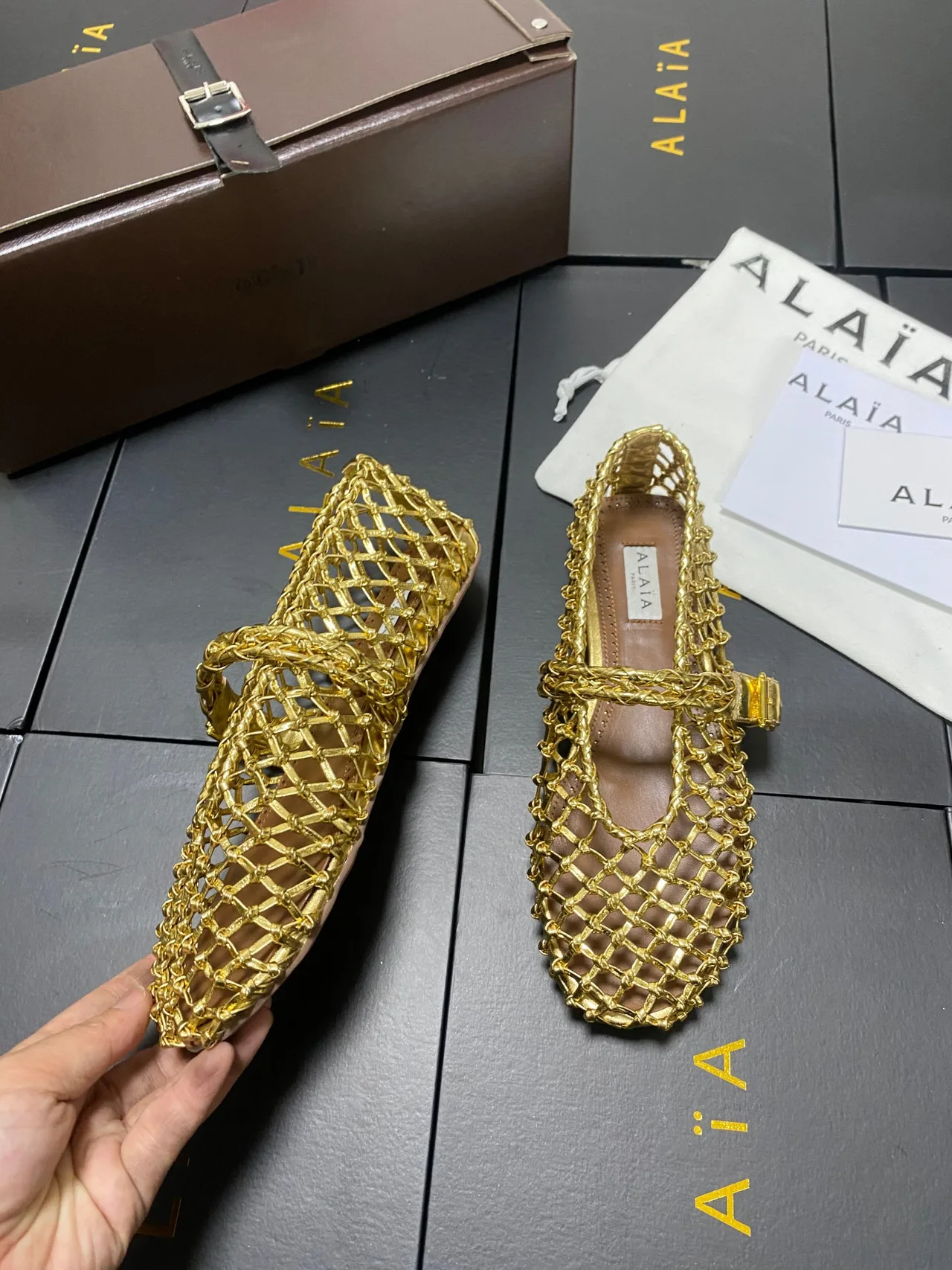 Alaia Cowhide Sheepskin Square-Toe Mary Jane Flats in Gold · view 6