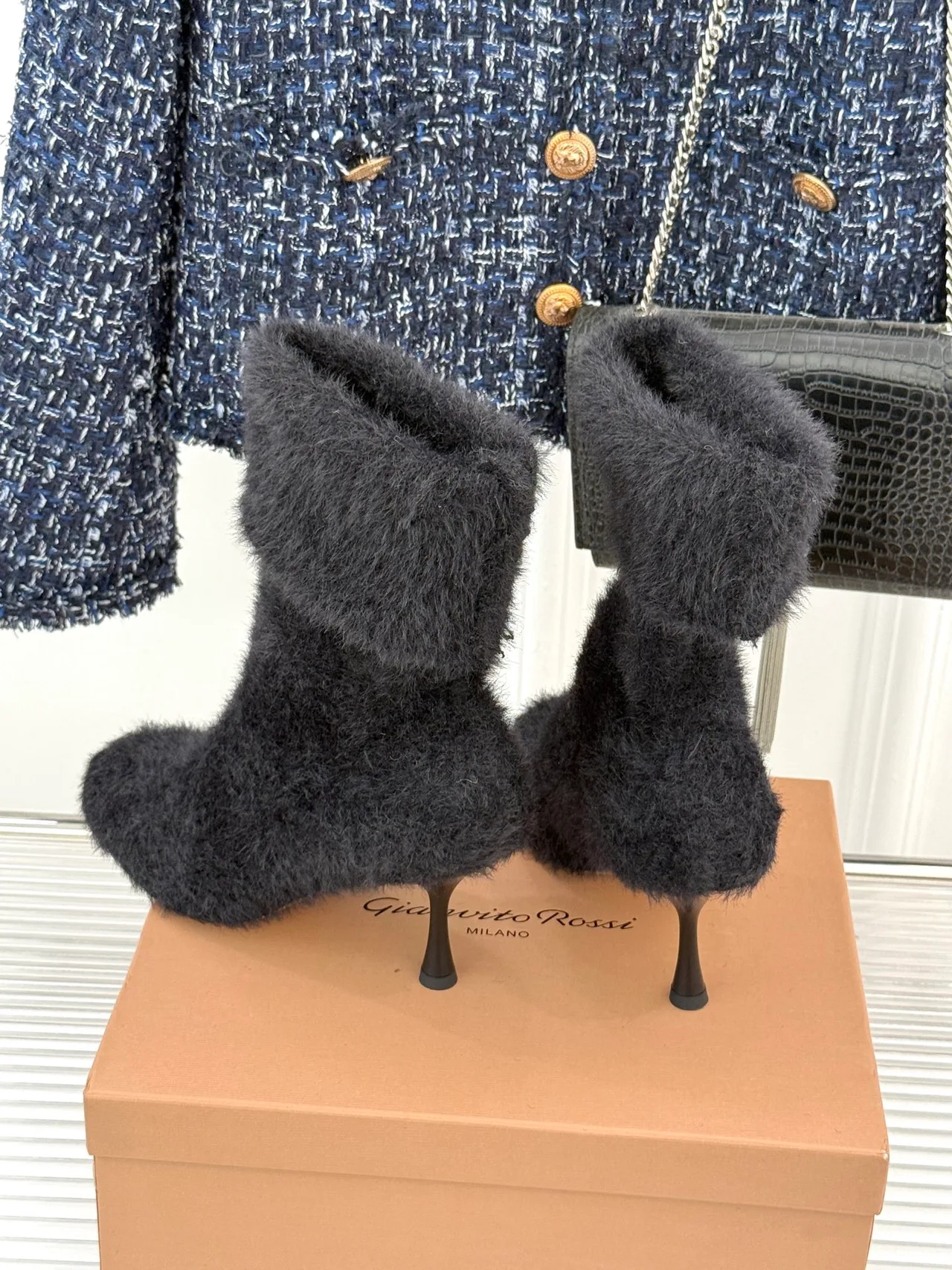 Gianvito Rossi Wool Fuzzy Ankle Boots in Black · view 5