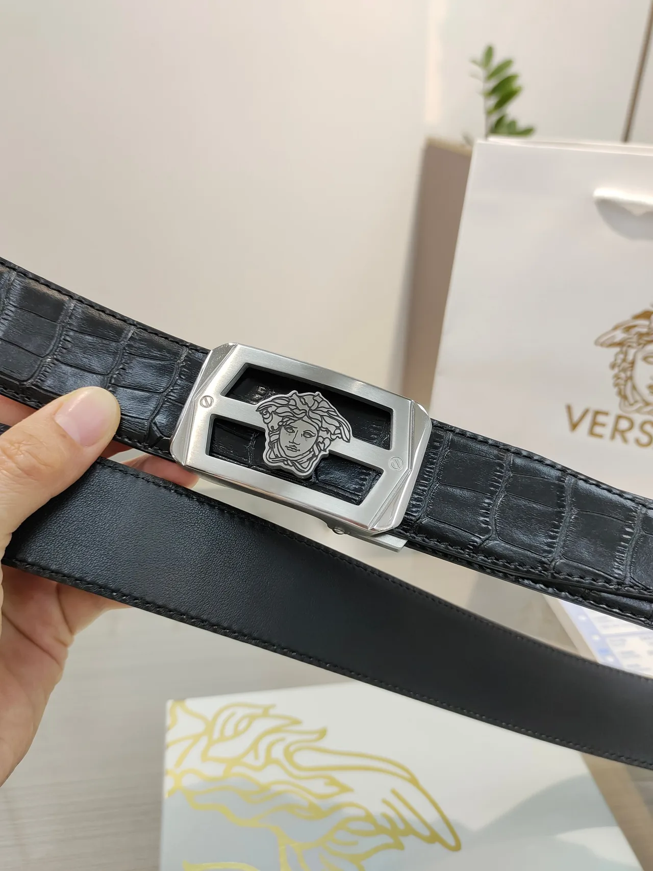 Versace Calfskin Glossy Belt in Black · view 5