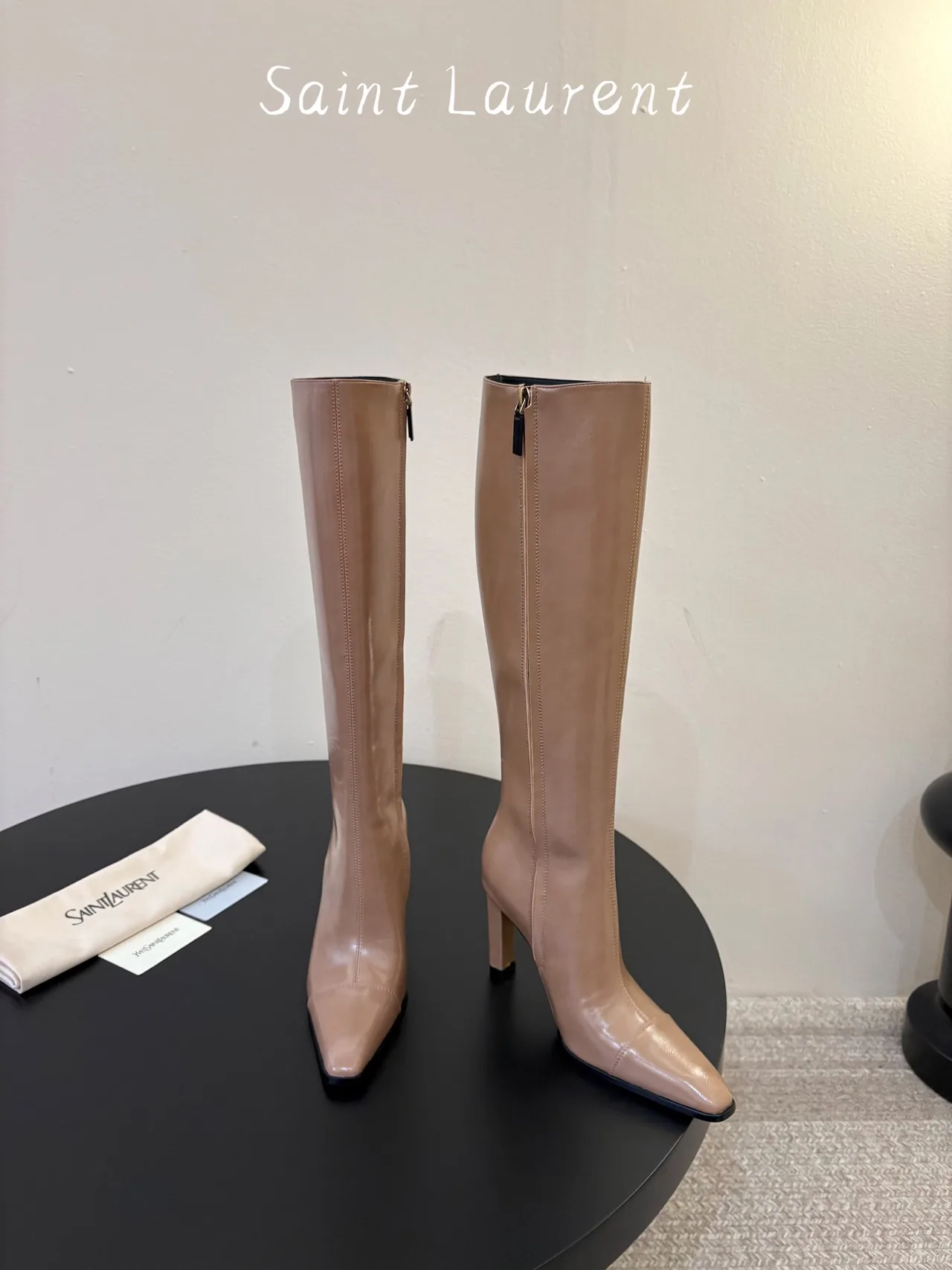 Saint Laurent Cowhide Sheepskin Glossy Pointed-Toe Knee-High Boots in Beige · view 2