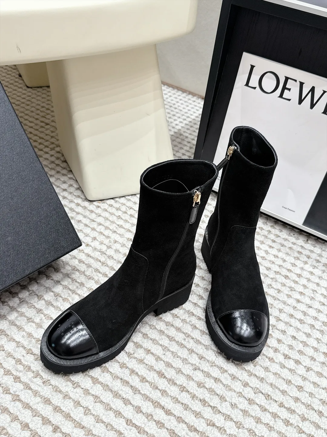 Loewe Cowhide Suede-Look Round-Toe Suede Ankle Boots in Black · view 4
