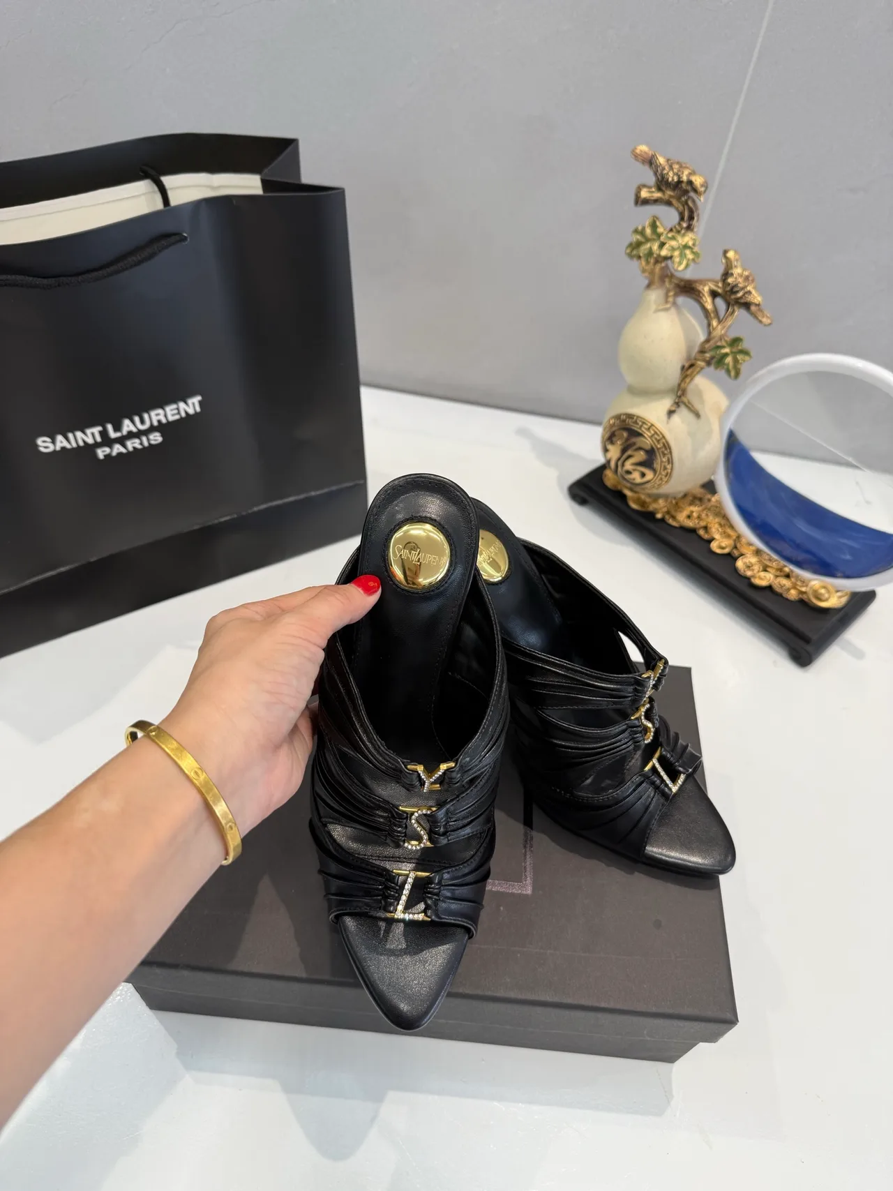 Saint Laurent Letter-Strap Heel Mules in Black / Red · view 3