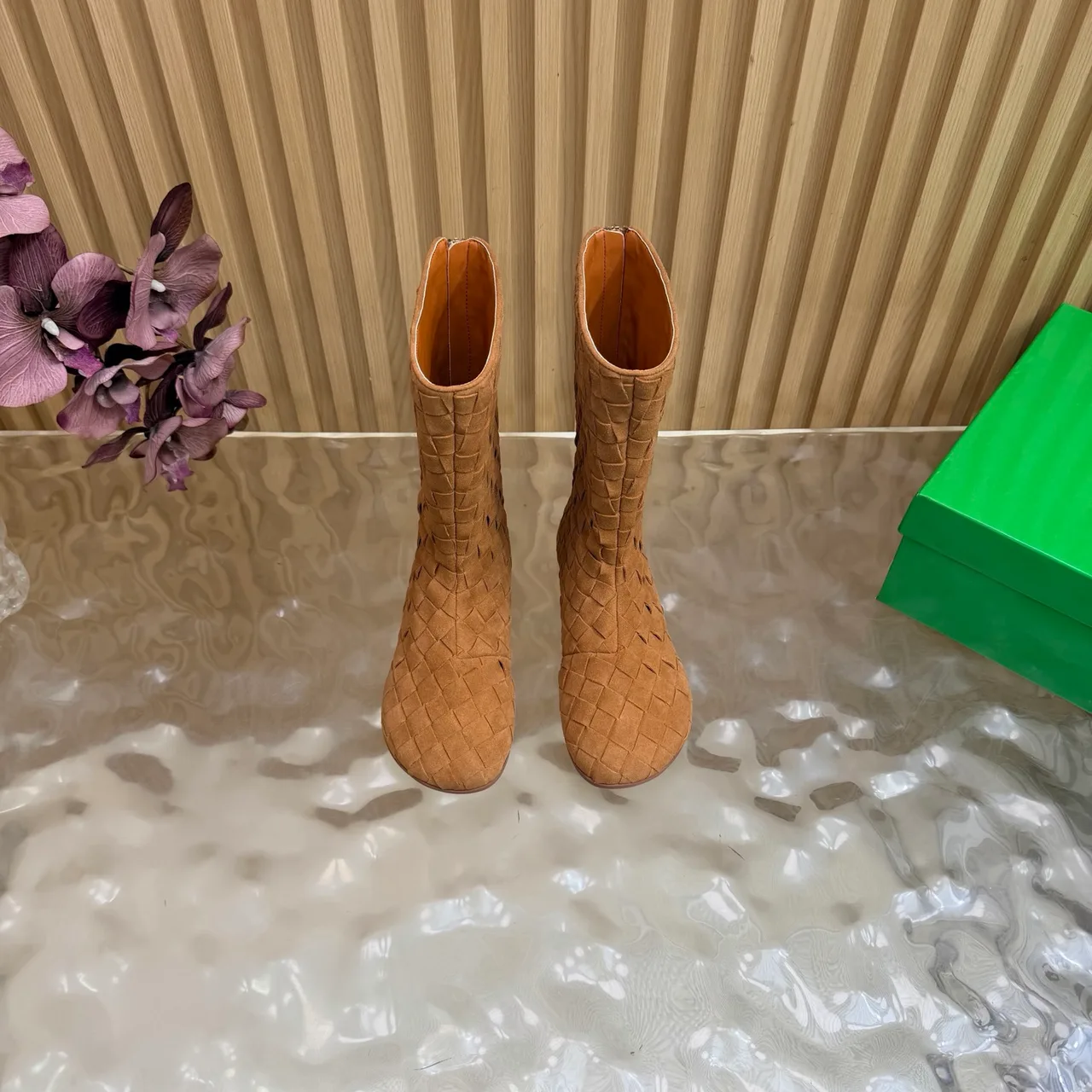 Bottega Veneta Quilted Woven Round-Toe Ankle Boots in Tan · view 4