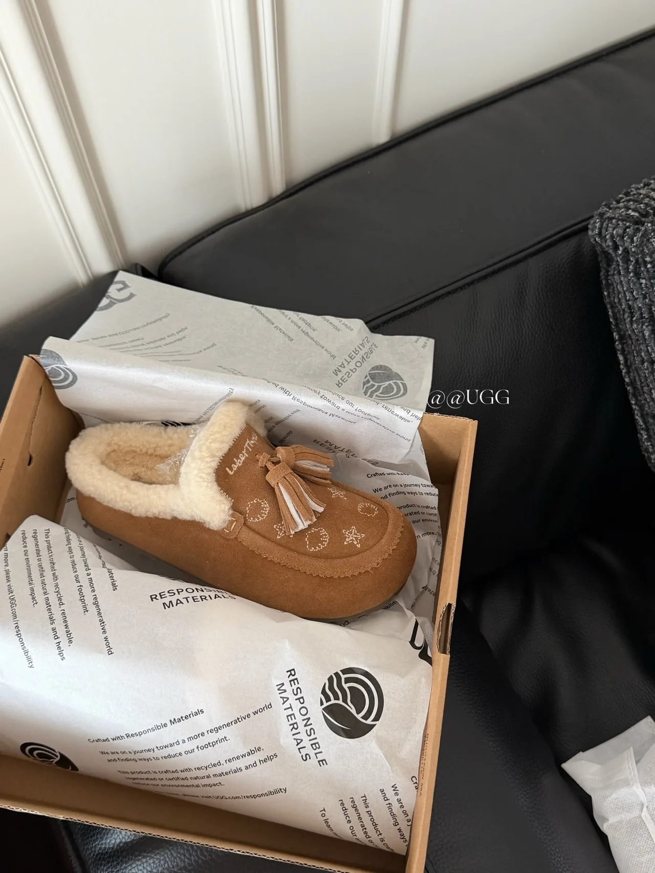 UGG Cowhide Smooth Tassel Slippers in Tan · view 2