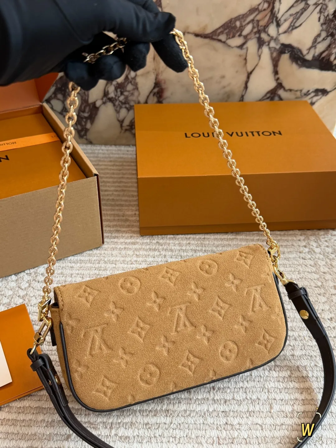Louis Vuitton Suede Monogram Clutch in Tan · view 5