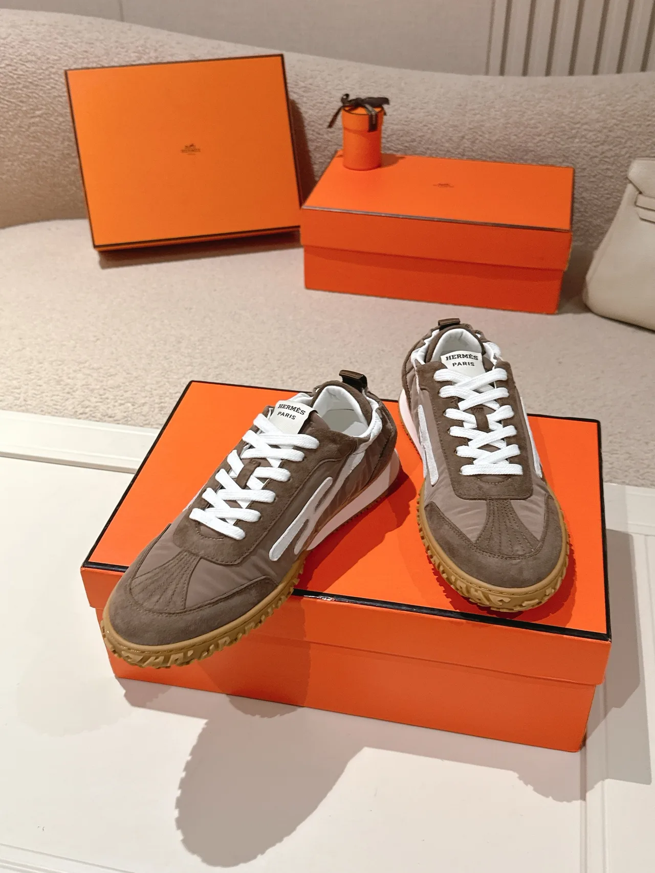 Hermes Sheepskin Suede Sneakers in Brown · view 3