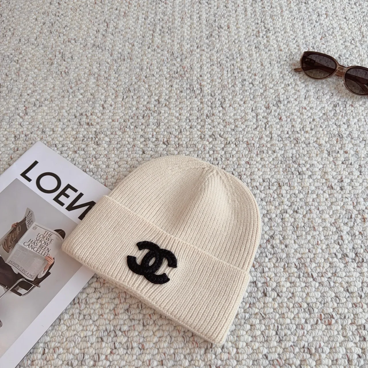 Chanel Ribbed Embroidered Beanie in White · view 2