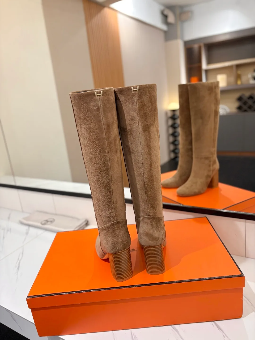 Hermes Cowhide Knee-High Boots in Grey · view 6