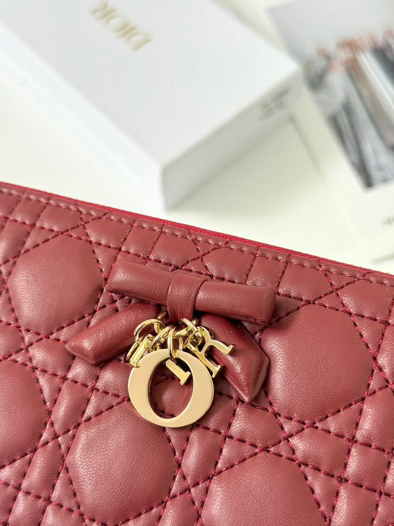 Dior Lambskin Quilted Wallet in Burgundy · view 3