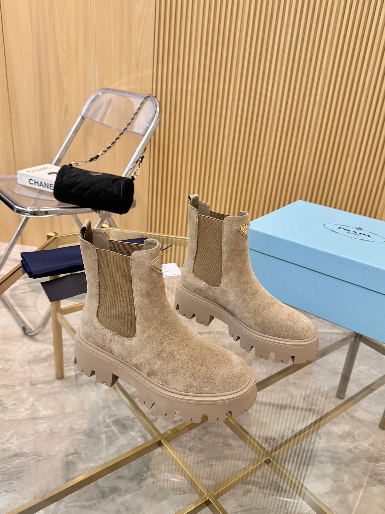 Prada Suede-Look Ankle Boots in Beige · view 4