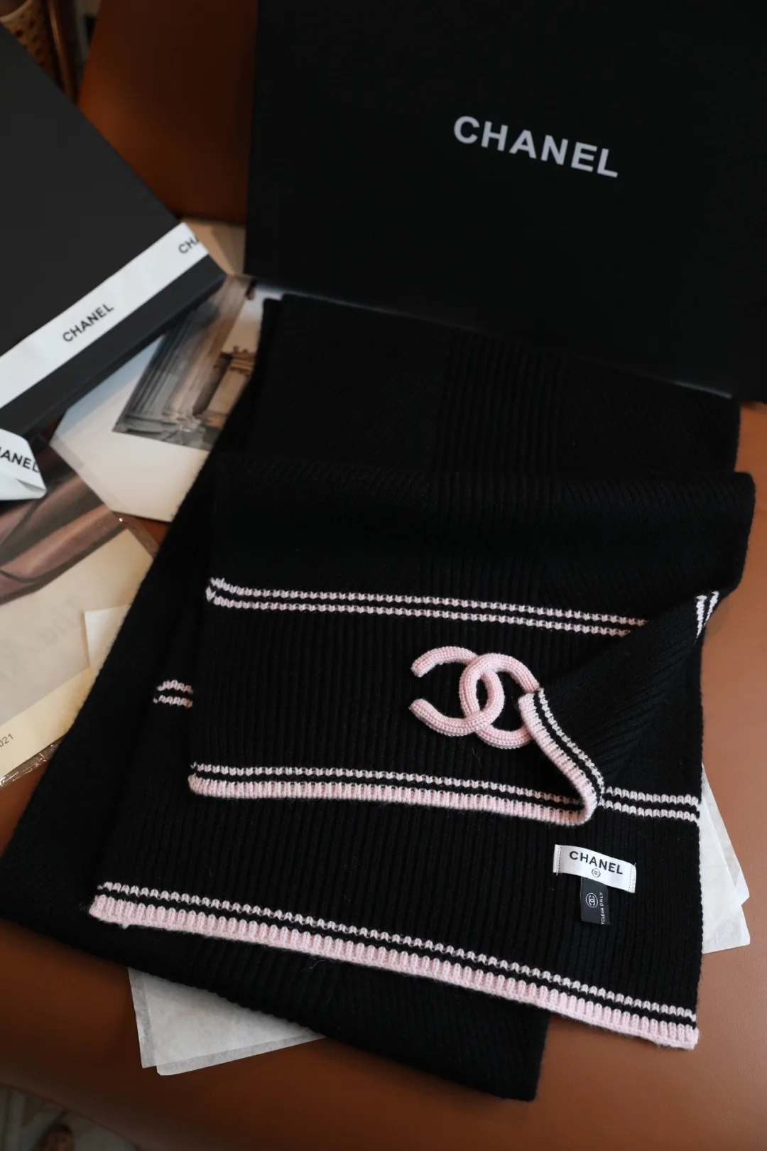 Chanel Wool Cashmere Striped Scarf in Black · view 3