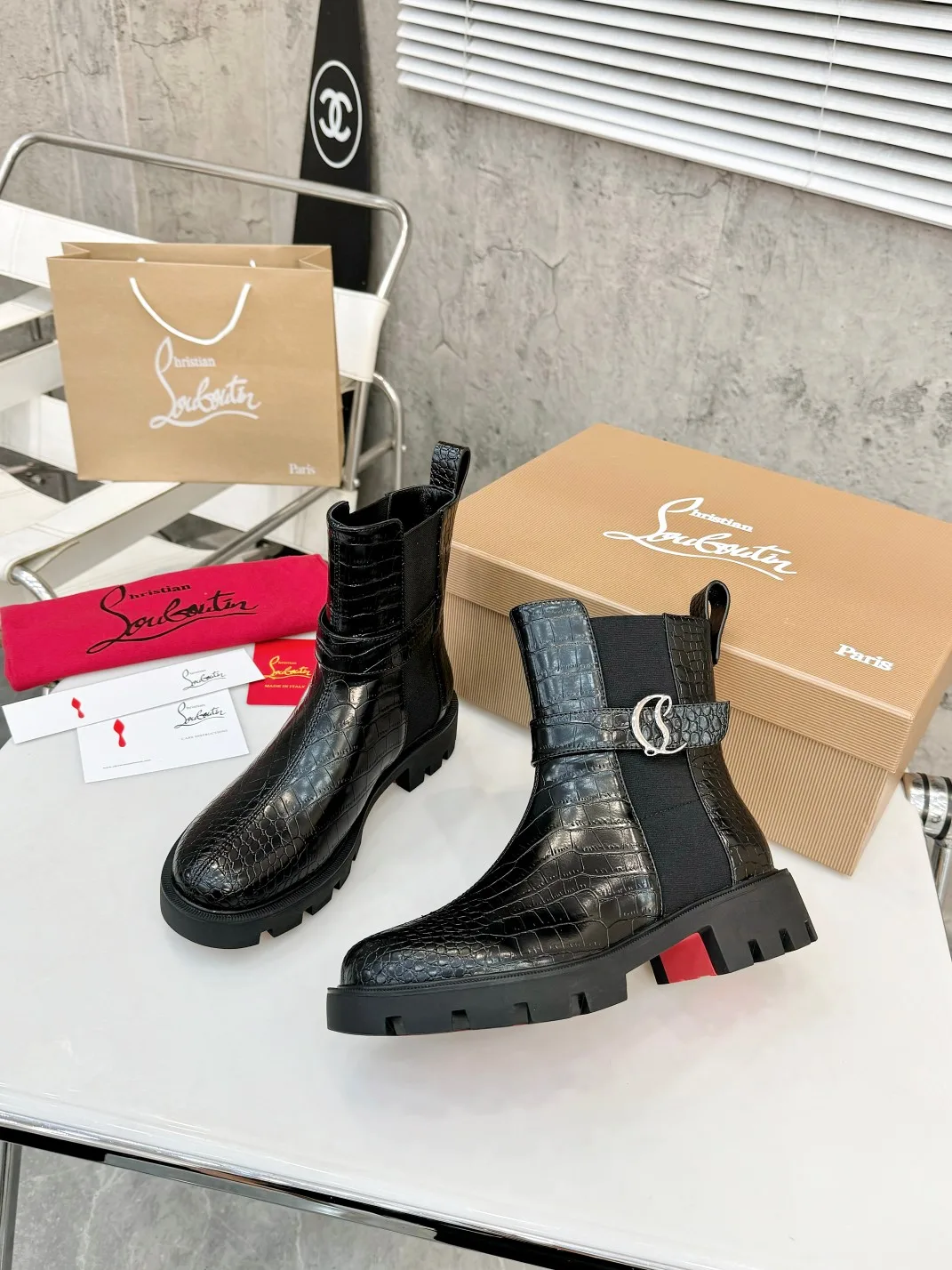 Christian Louboutin Glossy Buckle Ankle Boots in Black · view 5