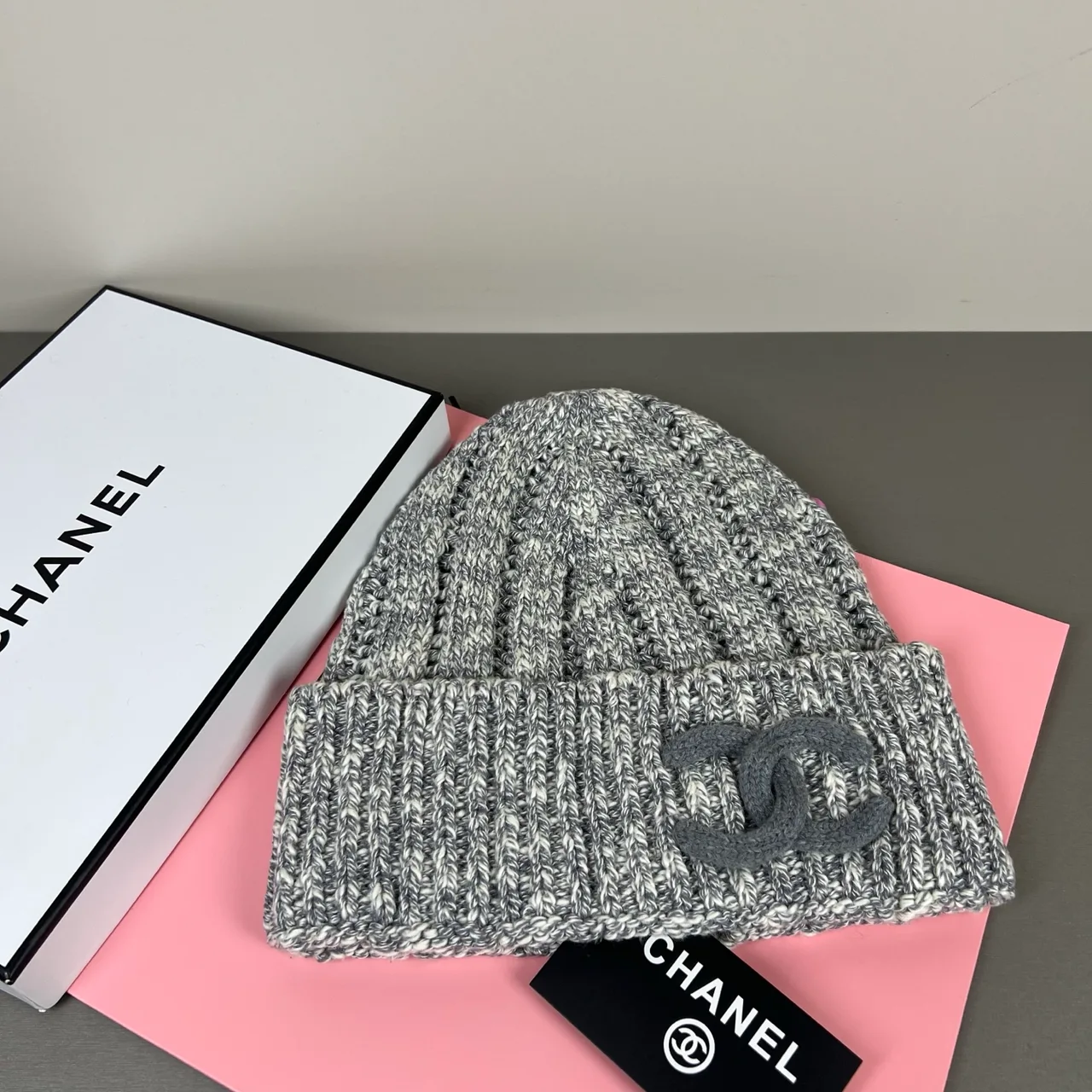 Chanel Cable-Knit Beanie in Beige & Grey · view 2