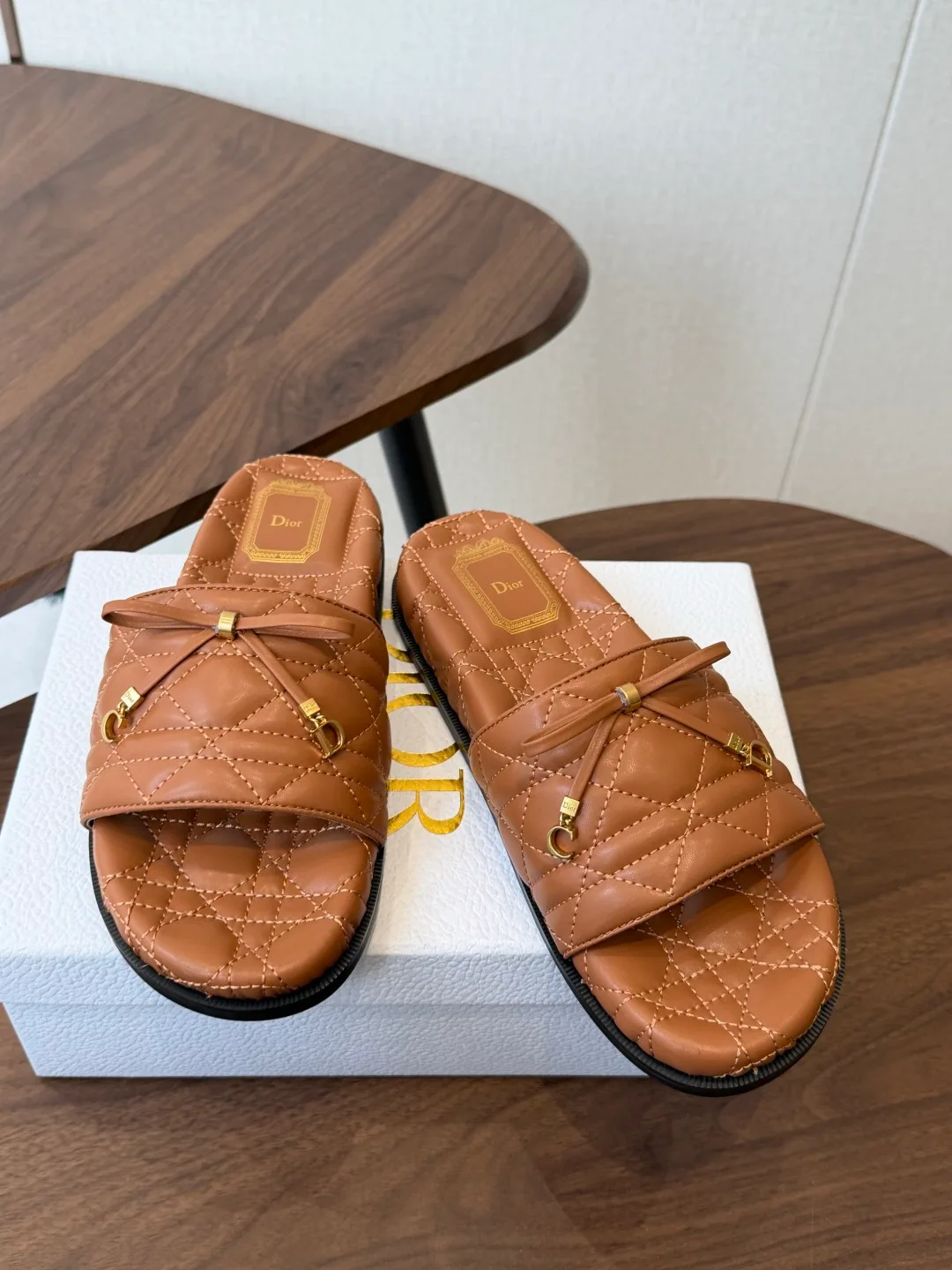 Dior Denim Quilted Slippers in Brown · view 2