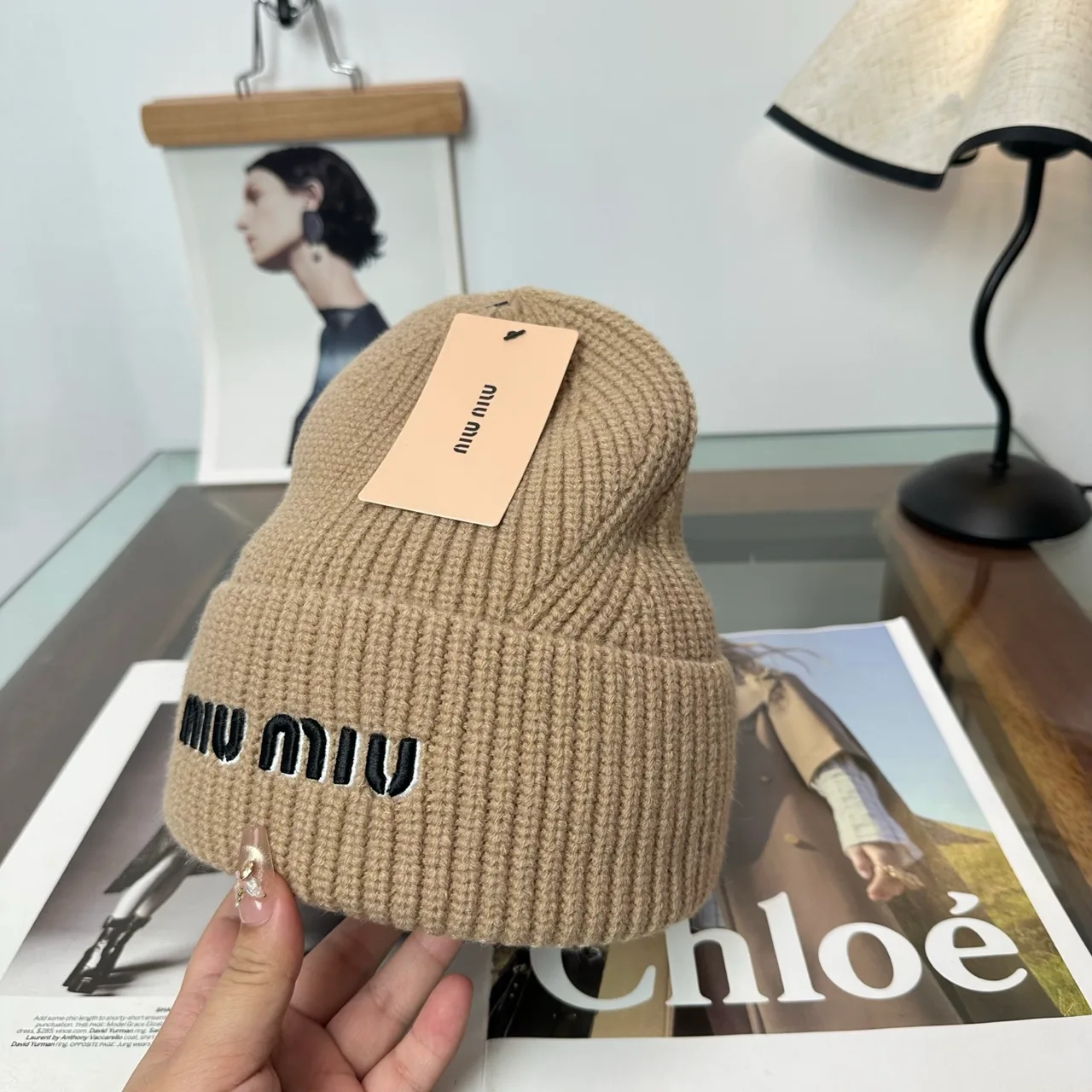 Miu Miu Ribbed Embroidered Beanie in Beige · view 1