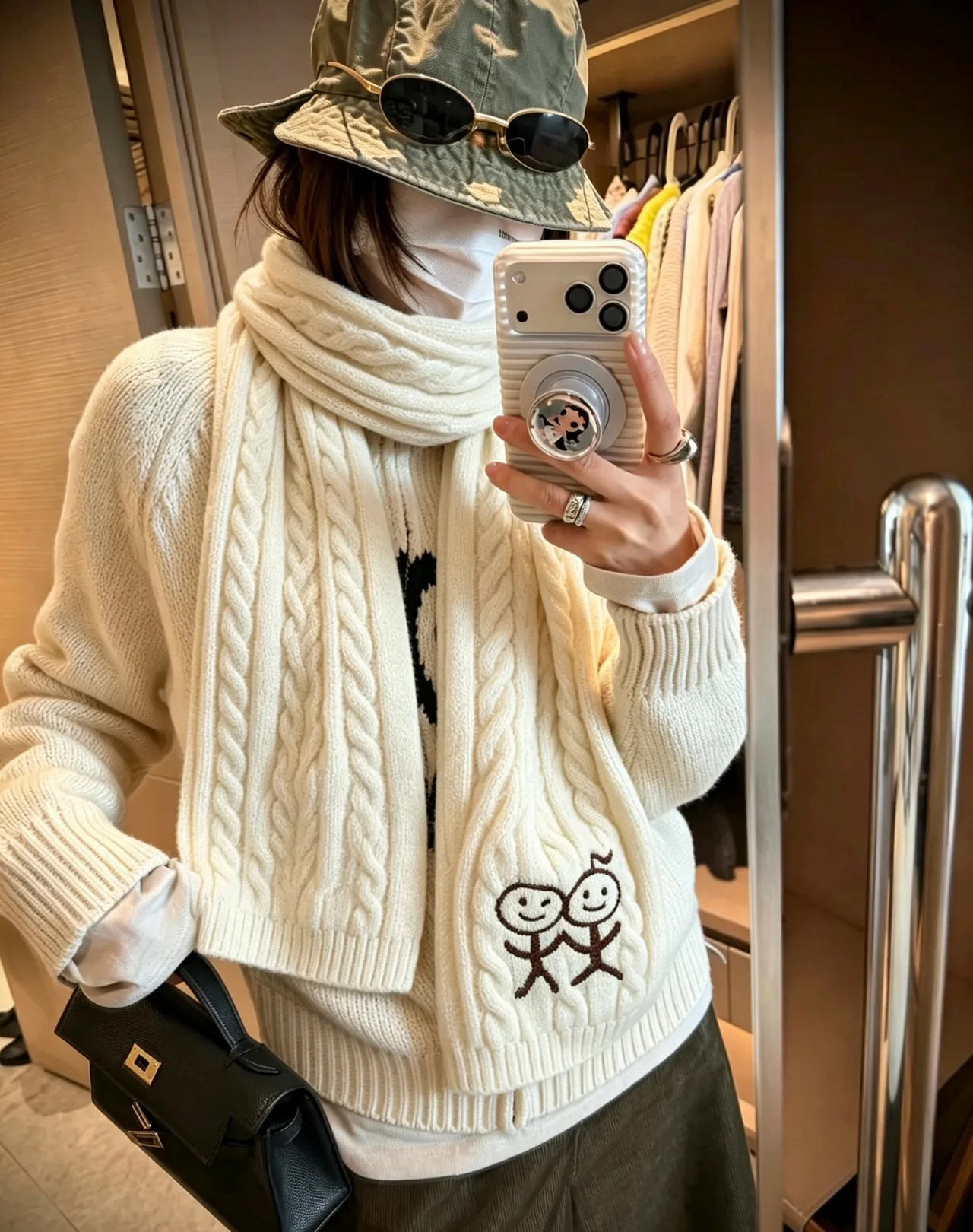 Embroidered Stick-Figure Cable-Knit Scarf in White · view 2
