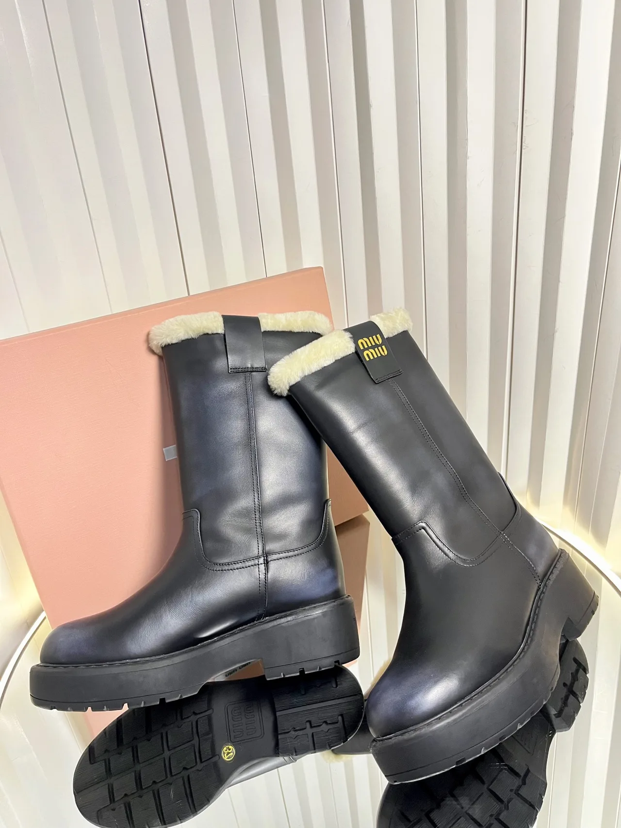 Miu Miu Calfskin Glossy Boots in Black · view 5