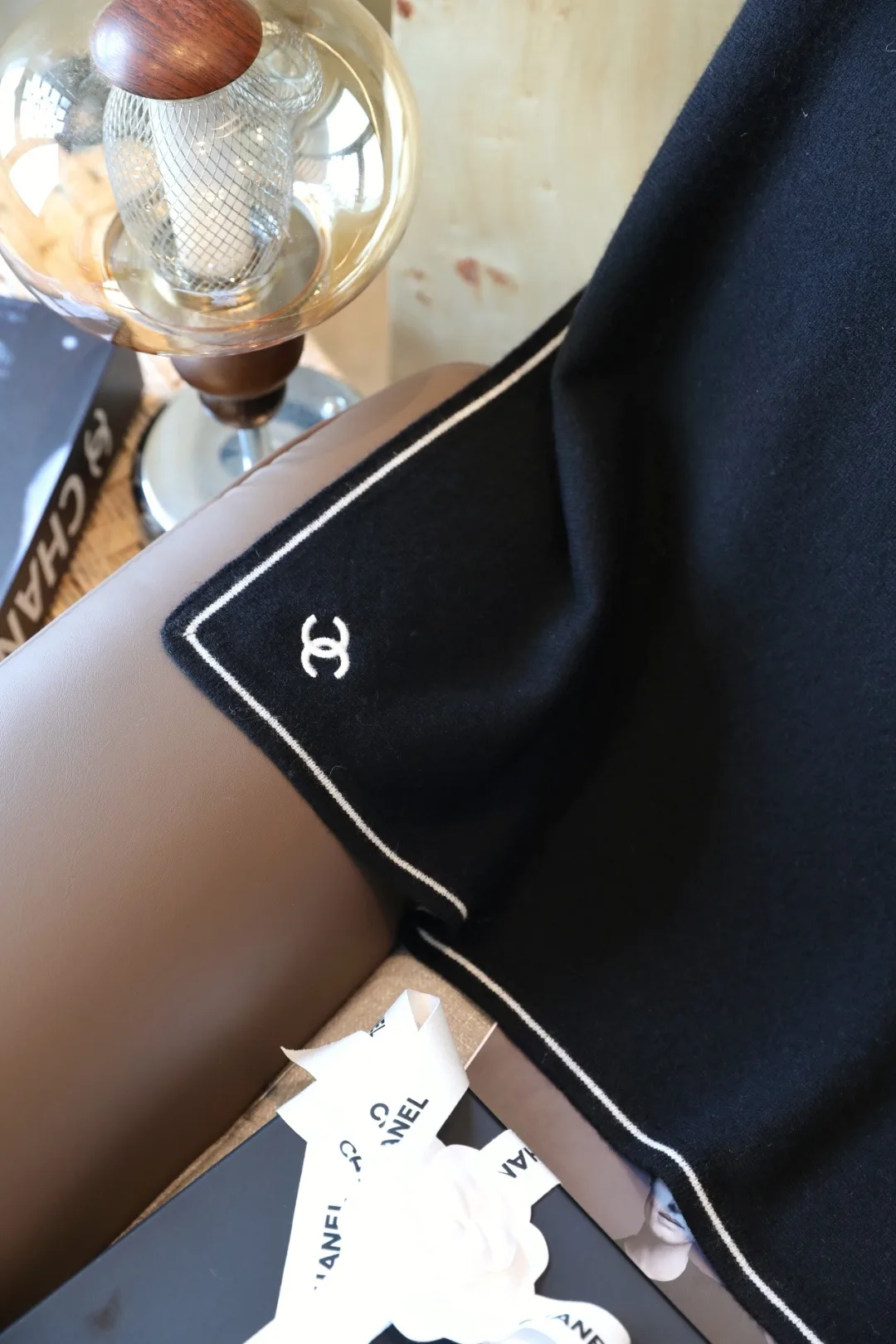 Chanel Wool Cashmere Scarf in Black · view 8
