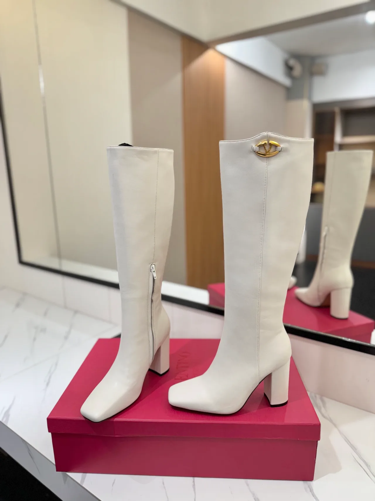 Valentino Cowhide Glossy Pointed-Toe Knee-High Boots in White · view 5