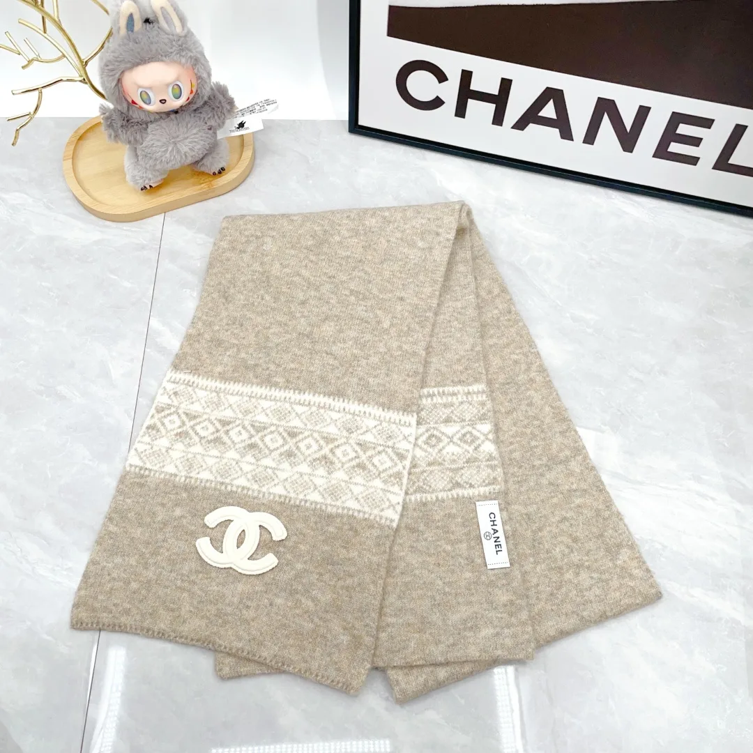 Chanel 50% Wool 50% Acrylic Ribbed Beanie, Scarf and Gloves Set in Beige · view 4