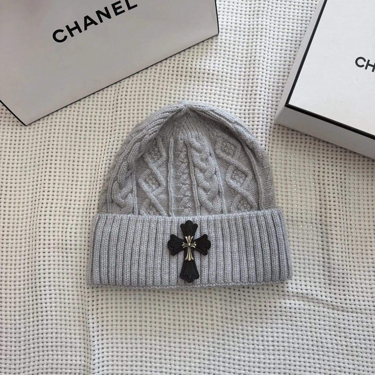 Chrome Hearts Cross-patch knit beanie in Black & White & Cream & Grey & Tan · view 5