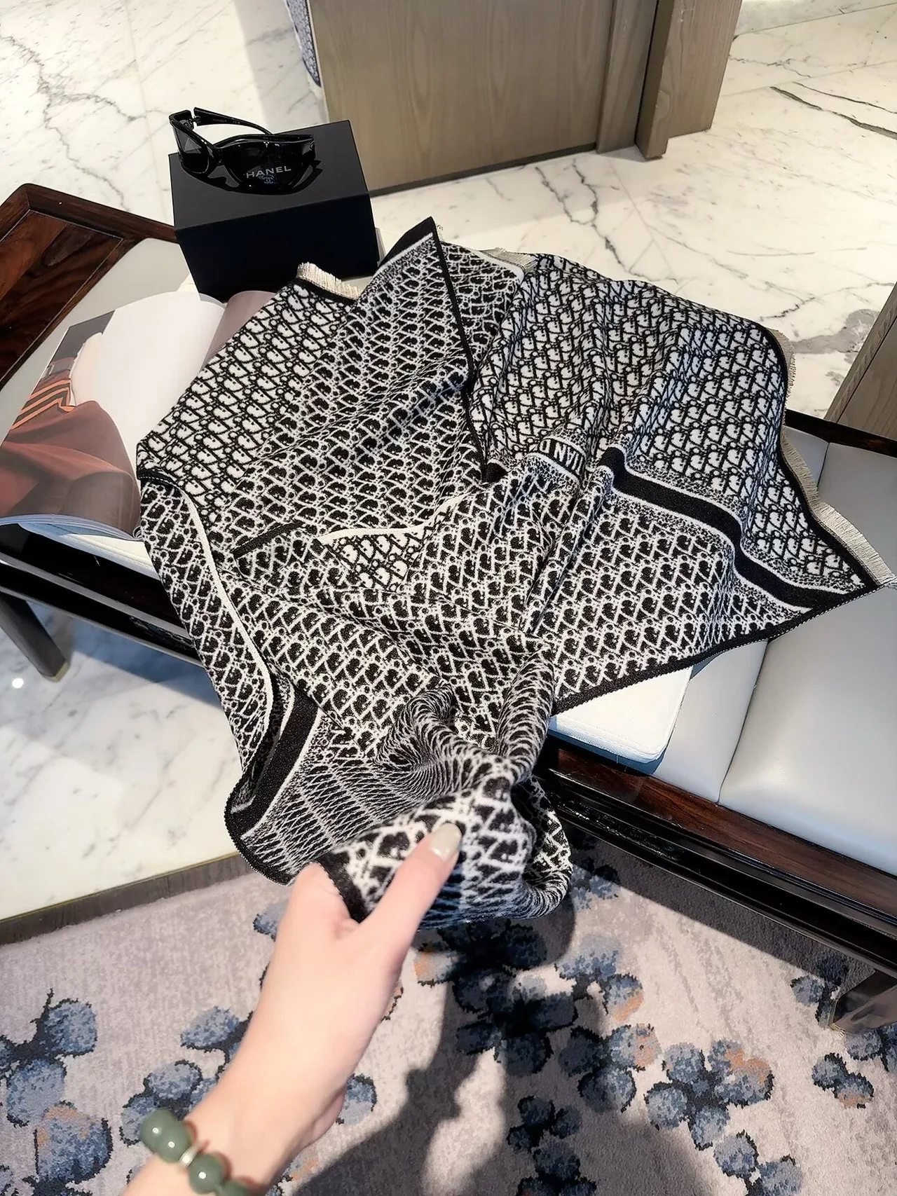 Dior CD pattern fringed scarf in Beige & Black · view 2