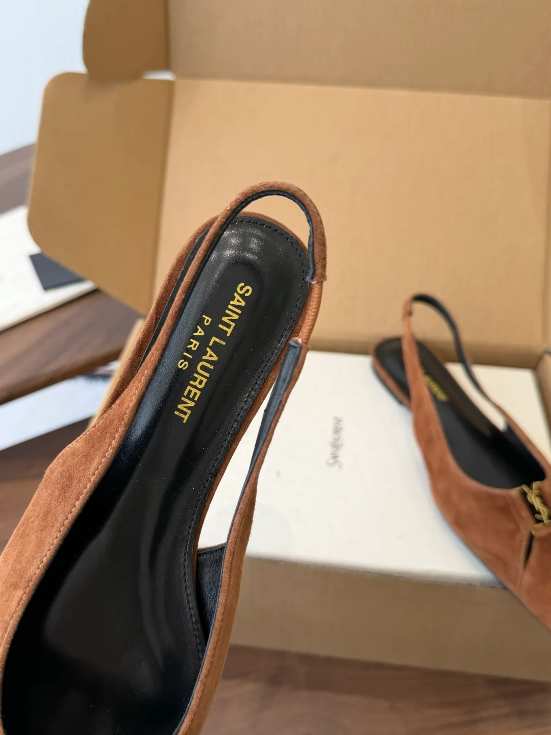 Saint Laurent Sheepskin Suede-Look Pointed-Toe Slingback Shoes in Brown · view 7