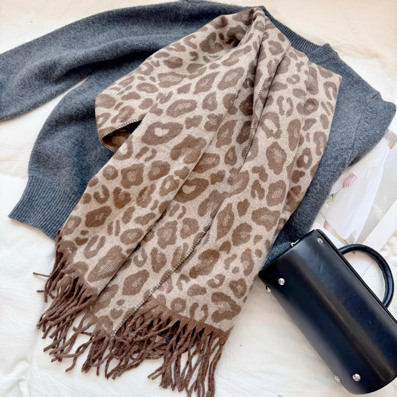 Leopard-Pattern Fringed Scarf in Brown & Pink & Red & Grey · view 1