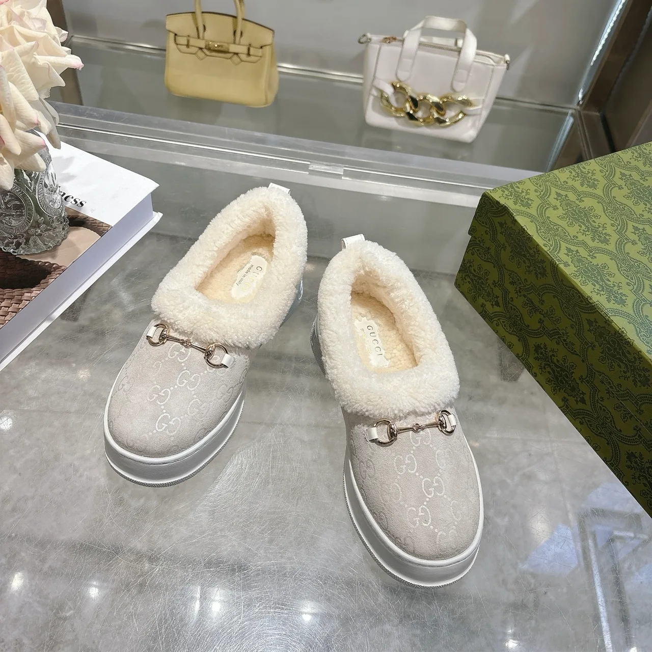Gucci Cowhide Sheepskin Buckle Slippers in Grey · view 3