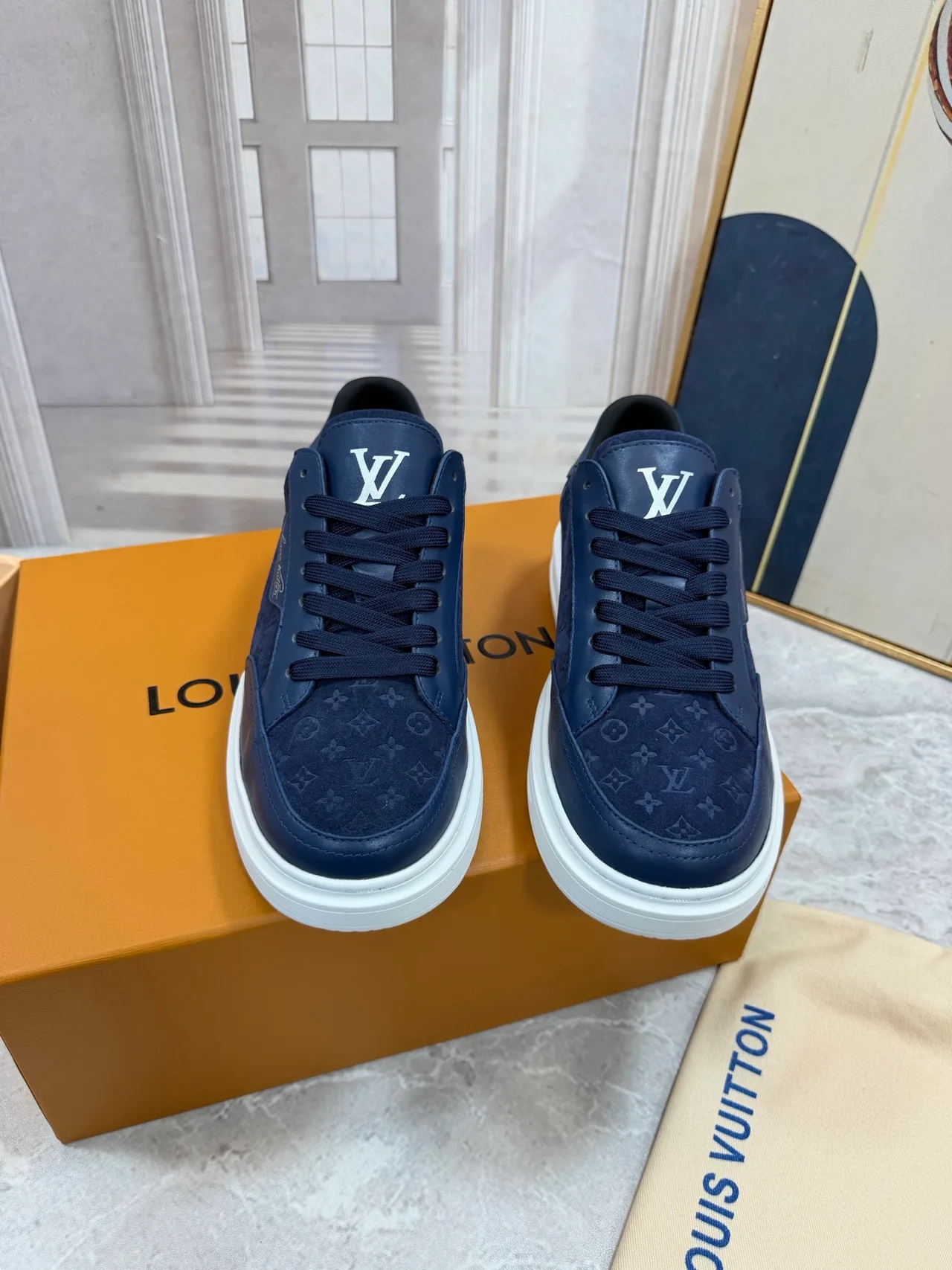 Louis Vuitton Calfskin Monogram Low-Top Sneakers in Blue · view 6