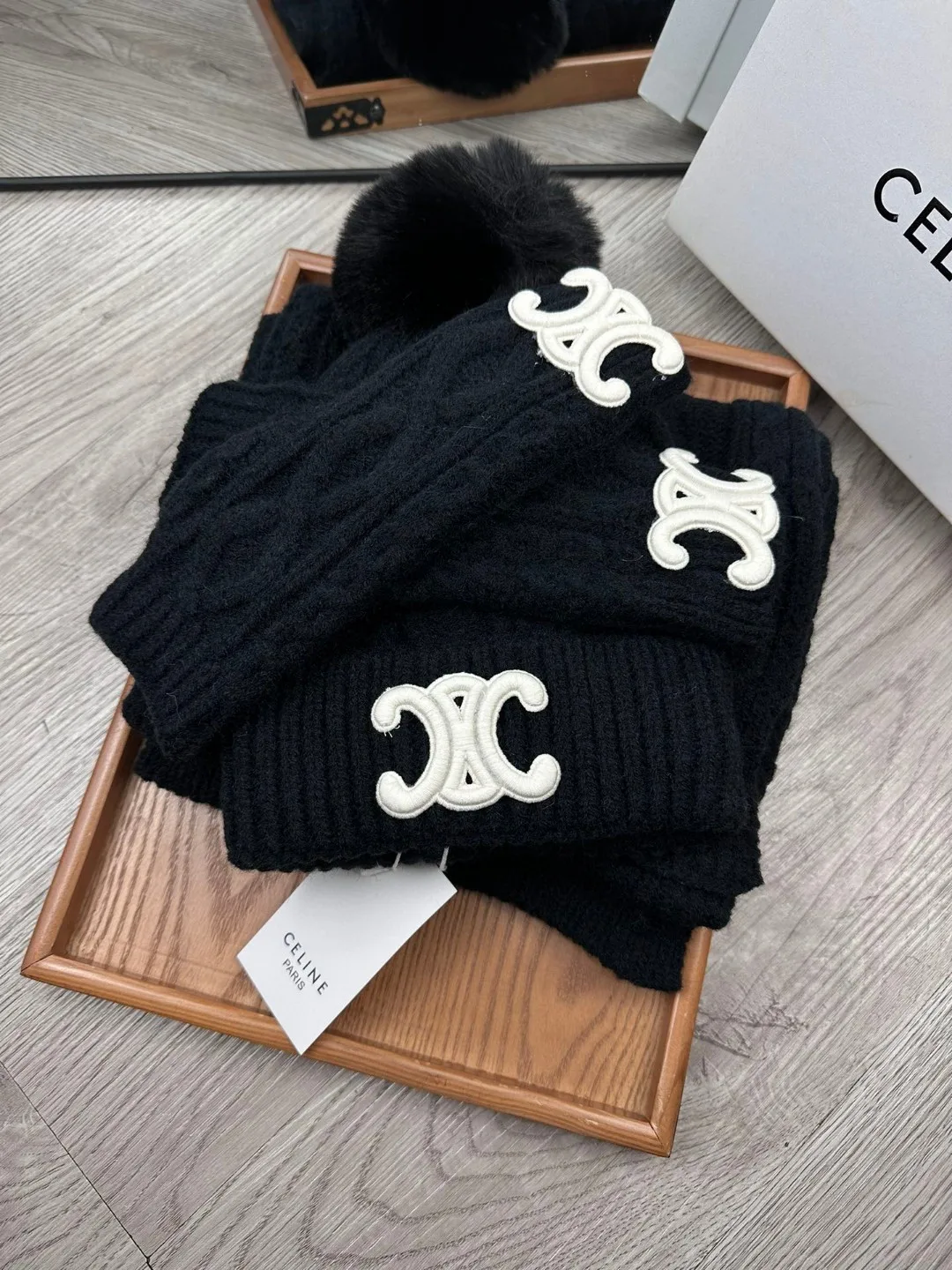 Celine 50% Wool 50% Acrylic Embroidered 3-Piece Set (Hat, Scarf & Gloves) in Black · view 3