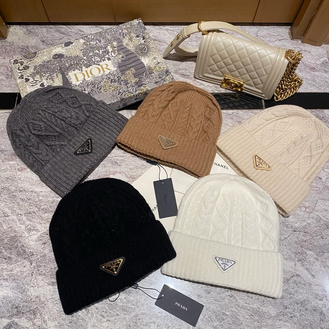 Prada Cable-Knit Beanie in Grey / Black / White / Tan / Cream · view 6
