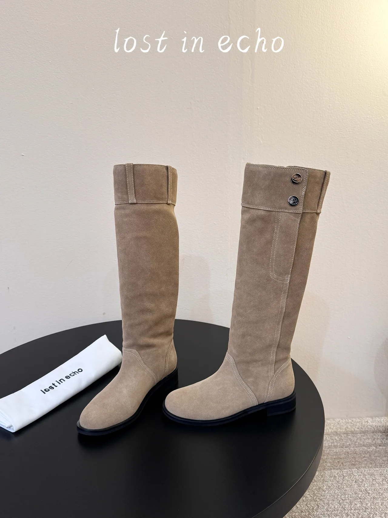 Lost in Echo Suede-Look Round-Toe Knee-High Boots in Beige · view 2