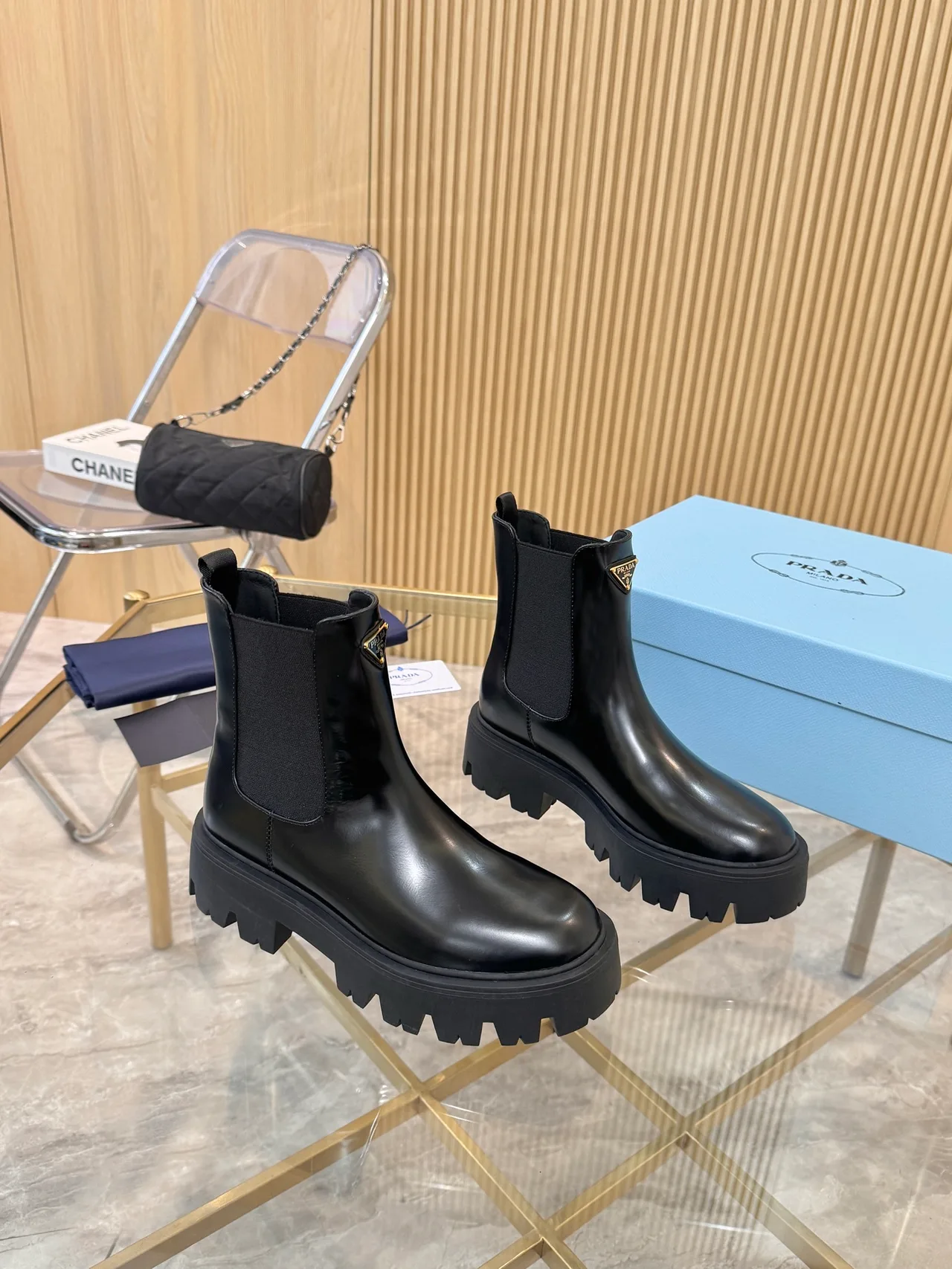Prada Glossy Chelsea Boots in Black · view 2