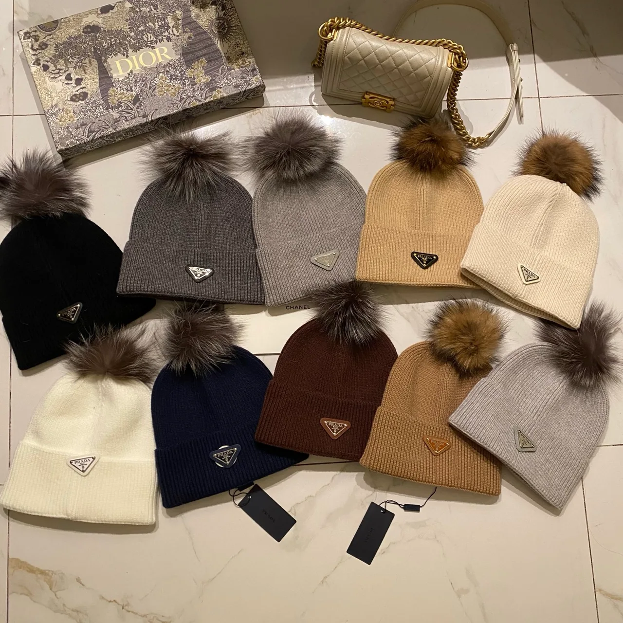 Prada Pom Knit Beanie in Red & Blue & Orange & Yellow & Pink & Brown & Grey & Black & White & Beige · view 8