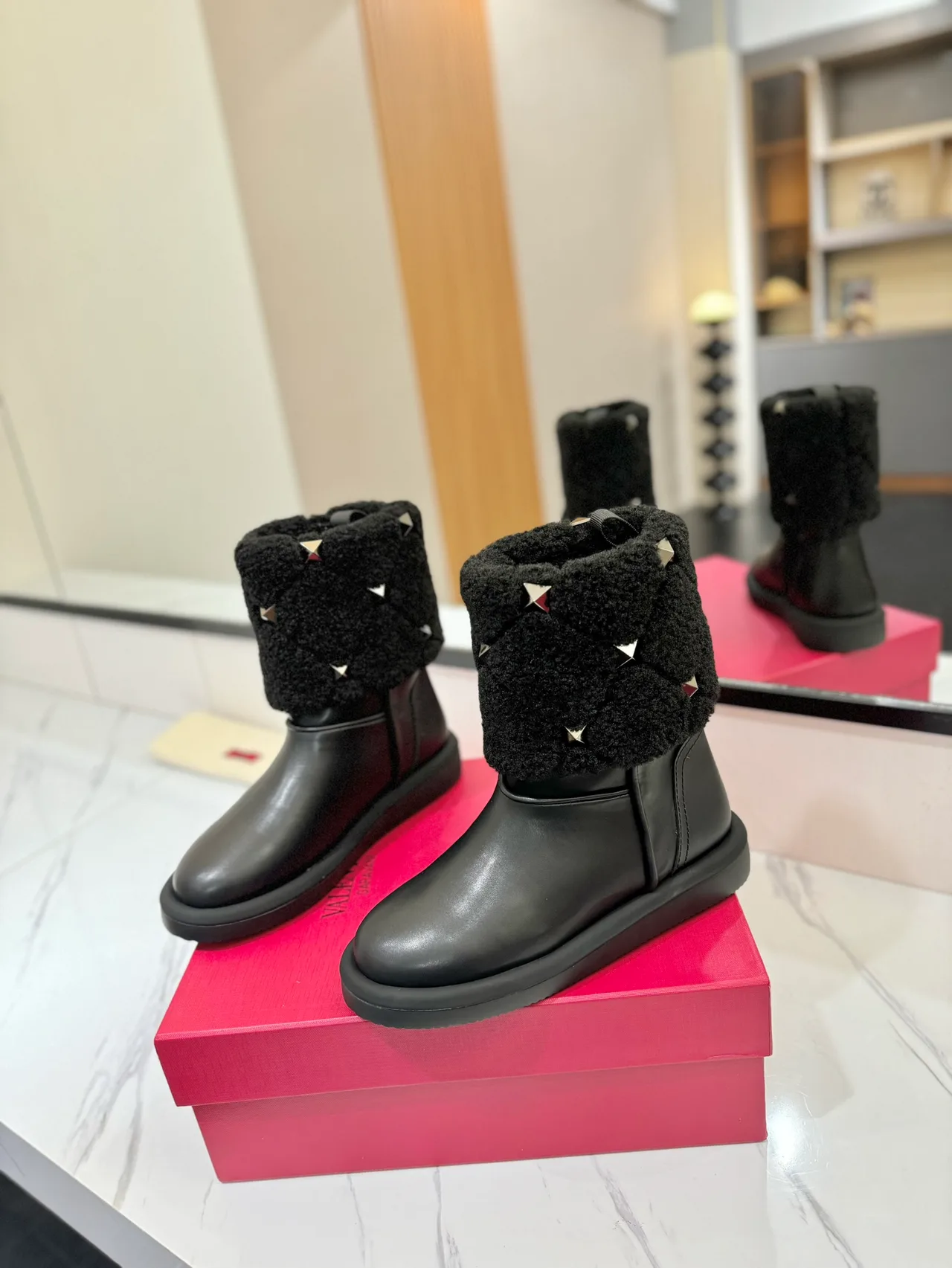 Valentino Cowhide Glossy Round-Toe Boots in Black · view 2