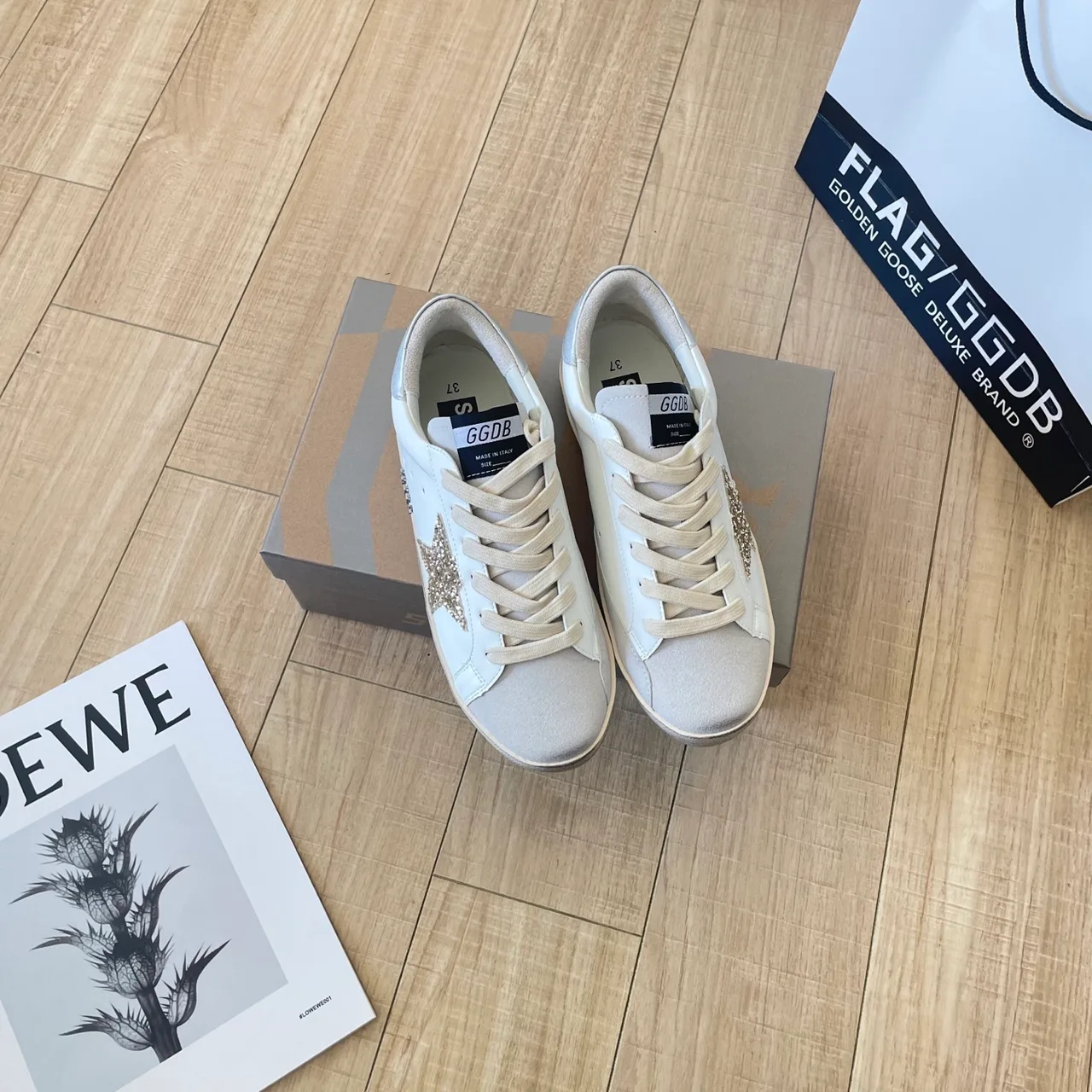 Golden Goose Calfskin Crystal Star Sneakers in White · view 1