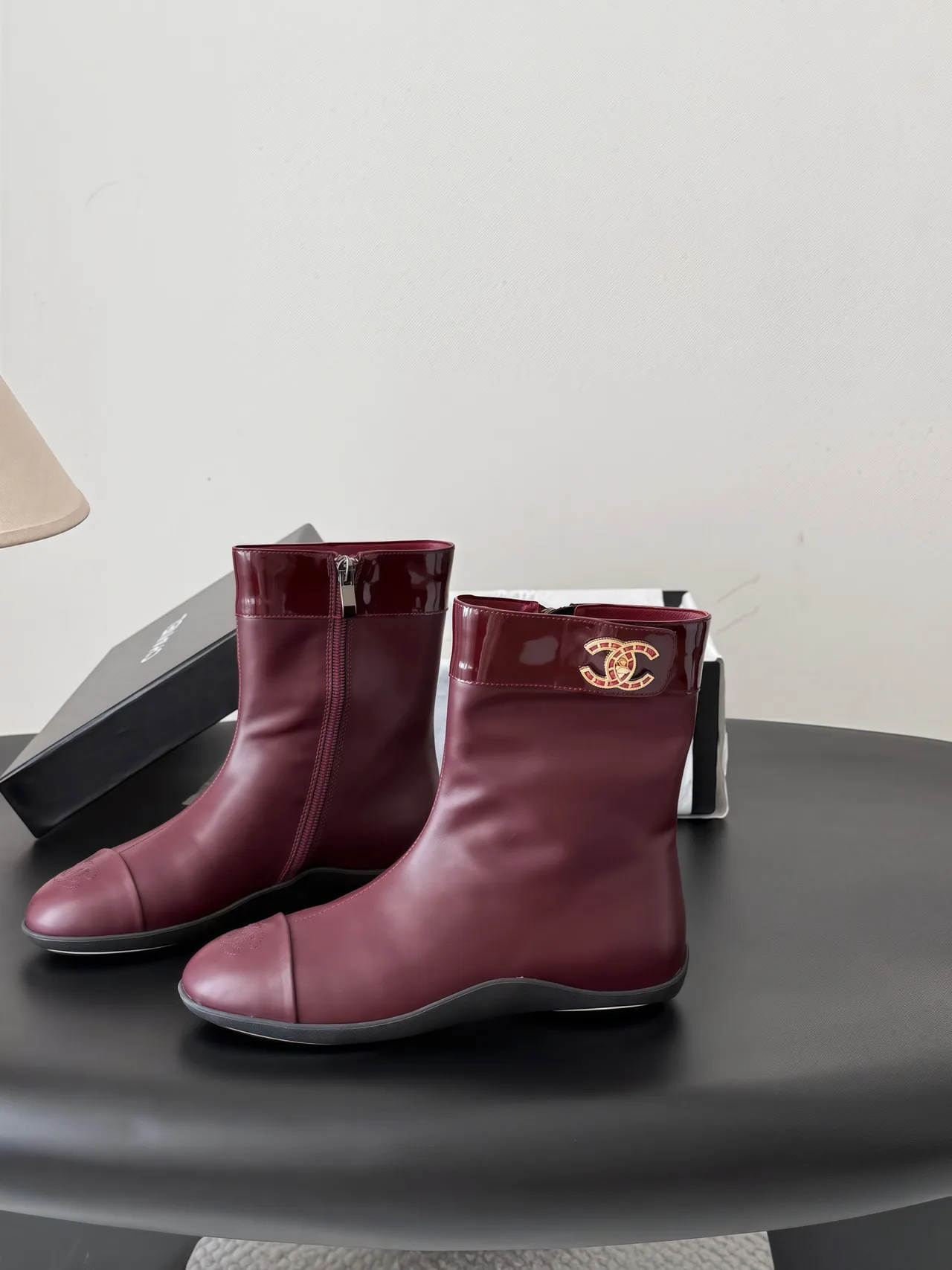 Chanel Cowhide Glossy Pointed-Toe Boots in Burgundy · view 2