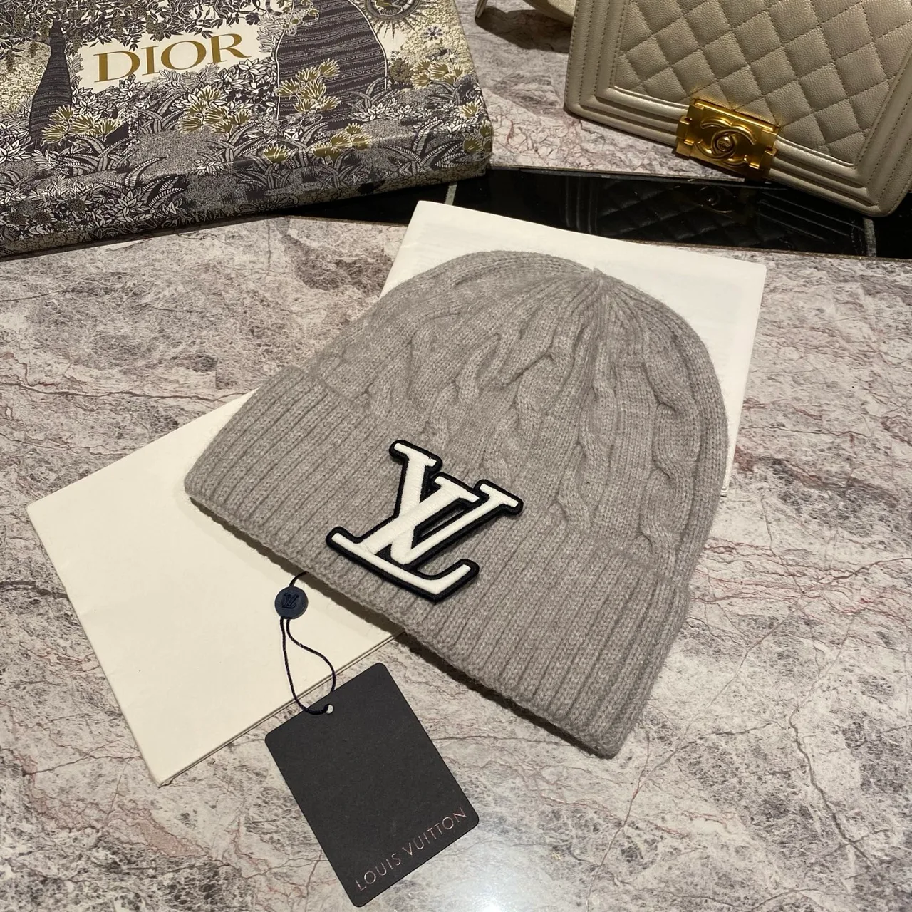 Louis Vuitton Cable Beanie in Pink & Burgundy & Grey & Blue & Beige & White & Brown & Black · view 3