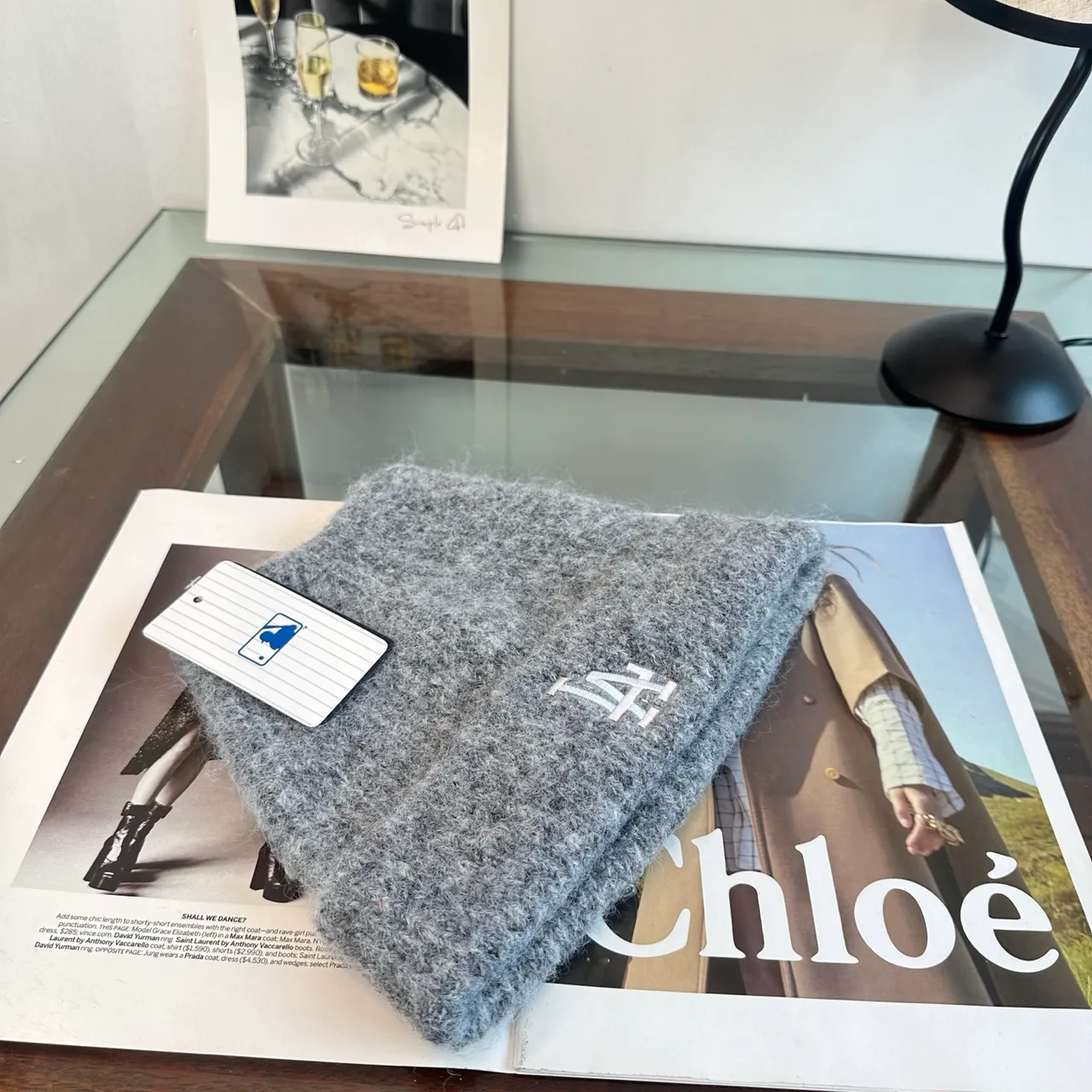 LA Letter Fuzzy Knit Beanie in Grey · view 6