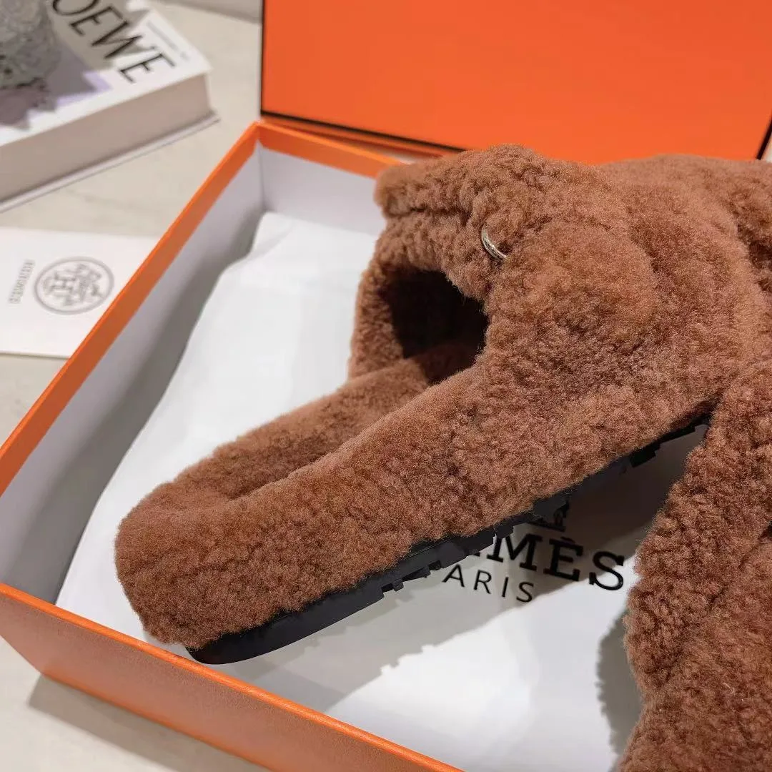 Hermes Sheepskin Chypre Shearling Slides in Brown · view 7