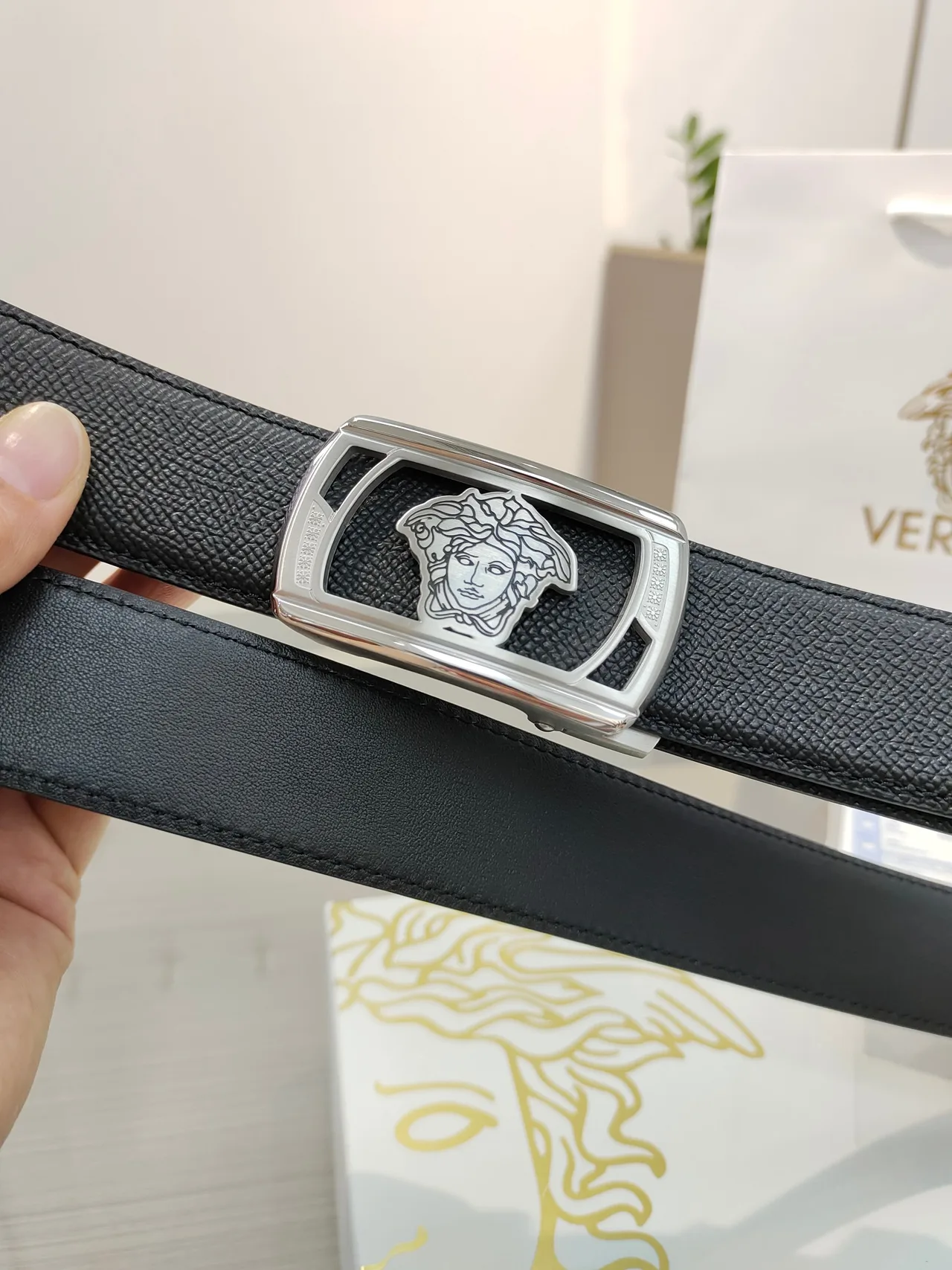 Versace Calfskin Glossy Belt in Black · view 5