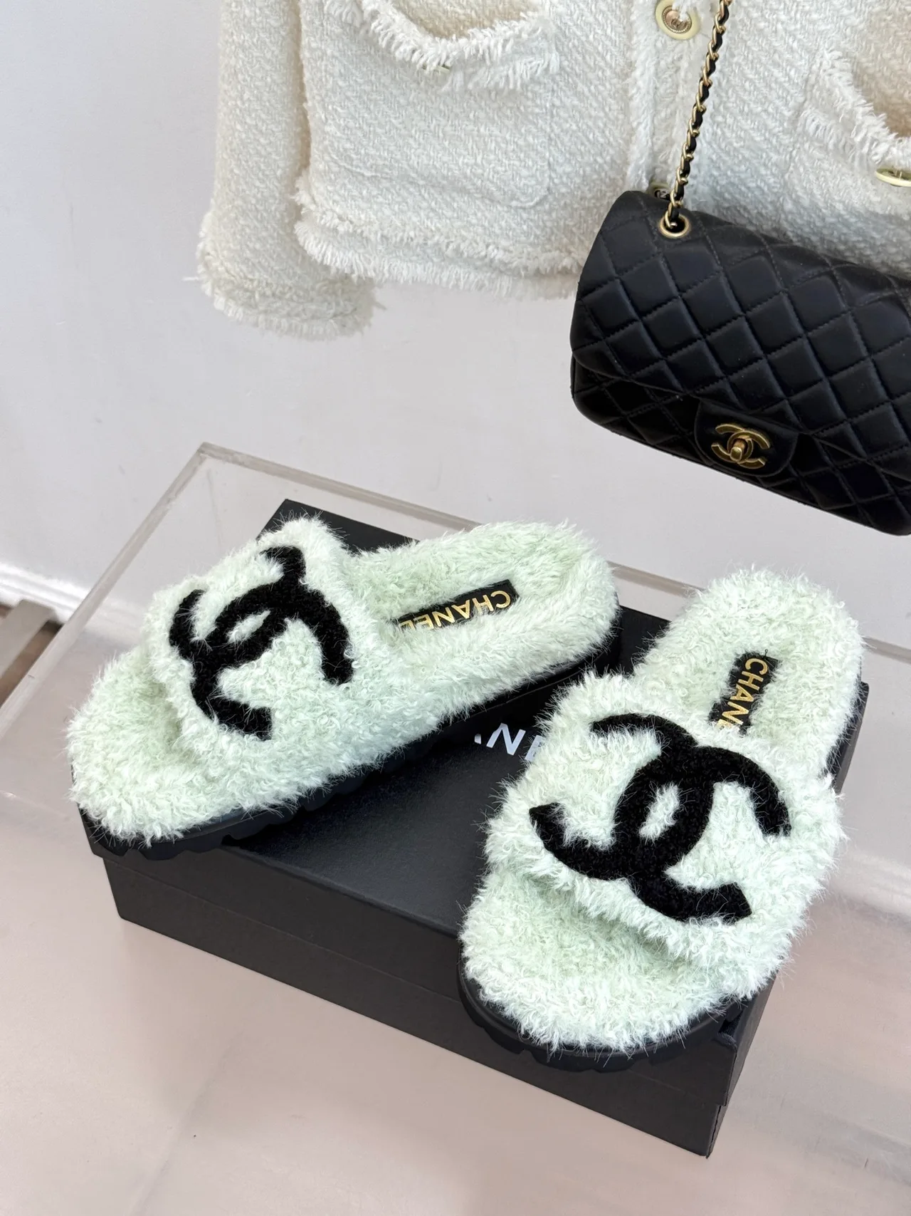 Chanel Denim Slippers in Green · view 2