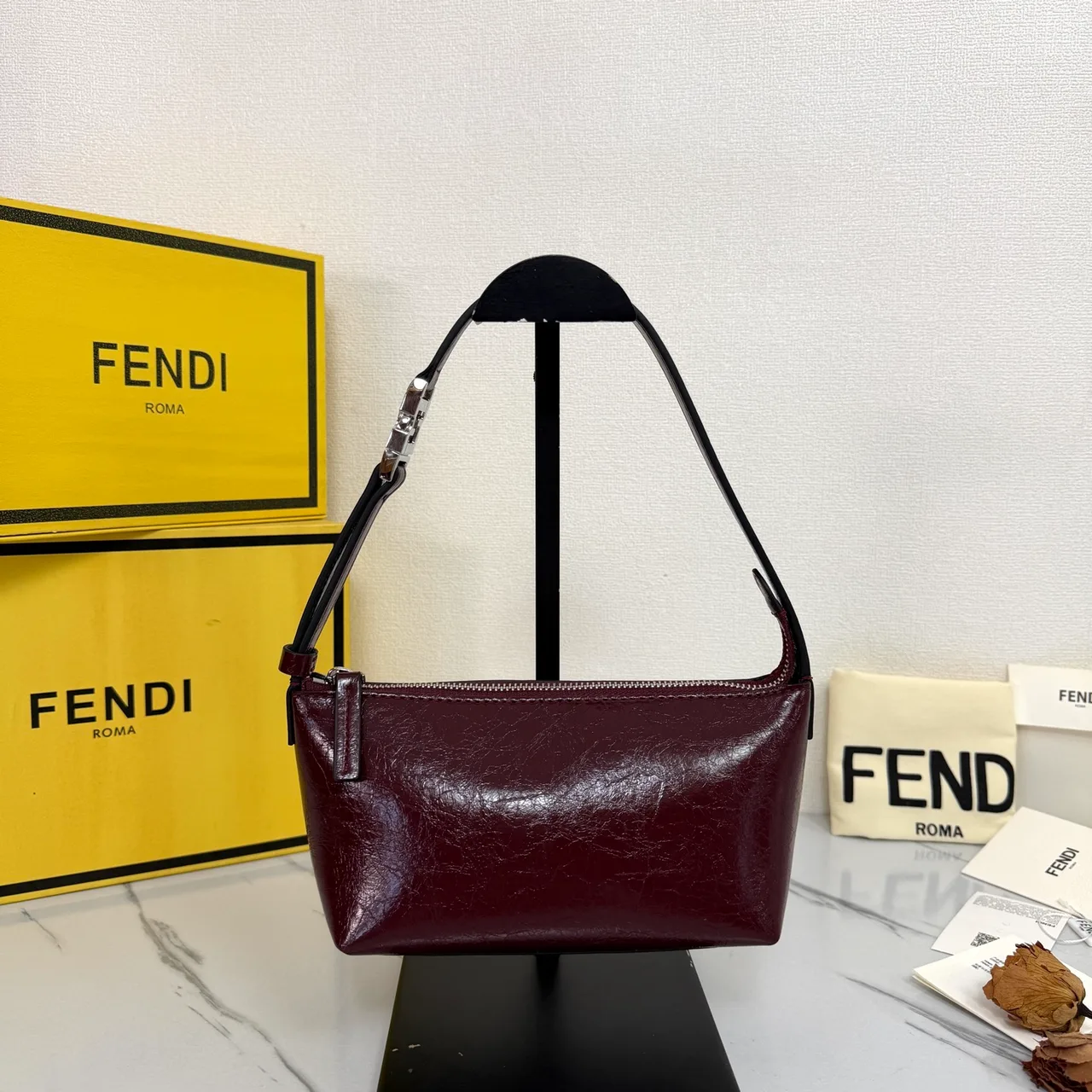 Fendi Baguette Cowhide Glossy Hobo Bag in Burgundy · view 1