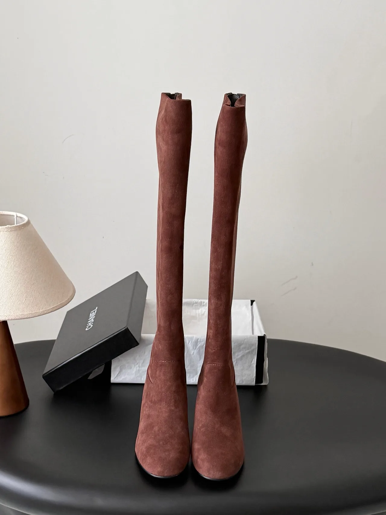 Chanel Sheepskin Suede-Look Knee-High Boots in Brown · view 1