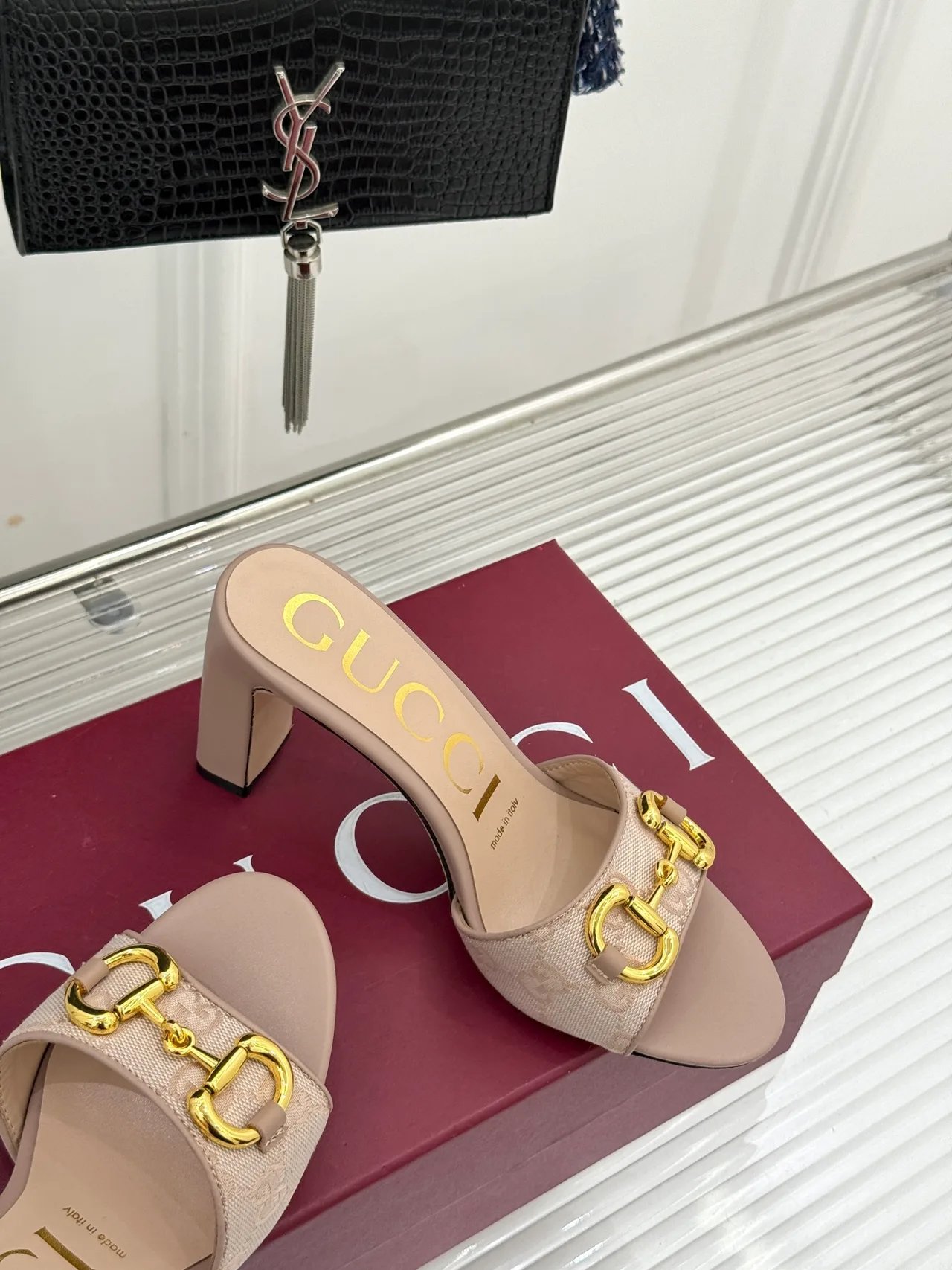 Gucci Canvas Denim Buckle Heeled Mules in Beige · view 5