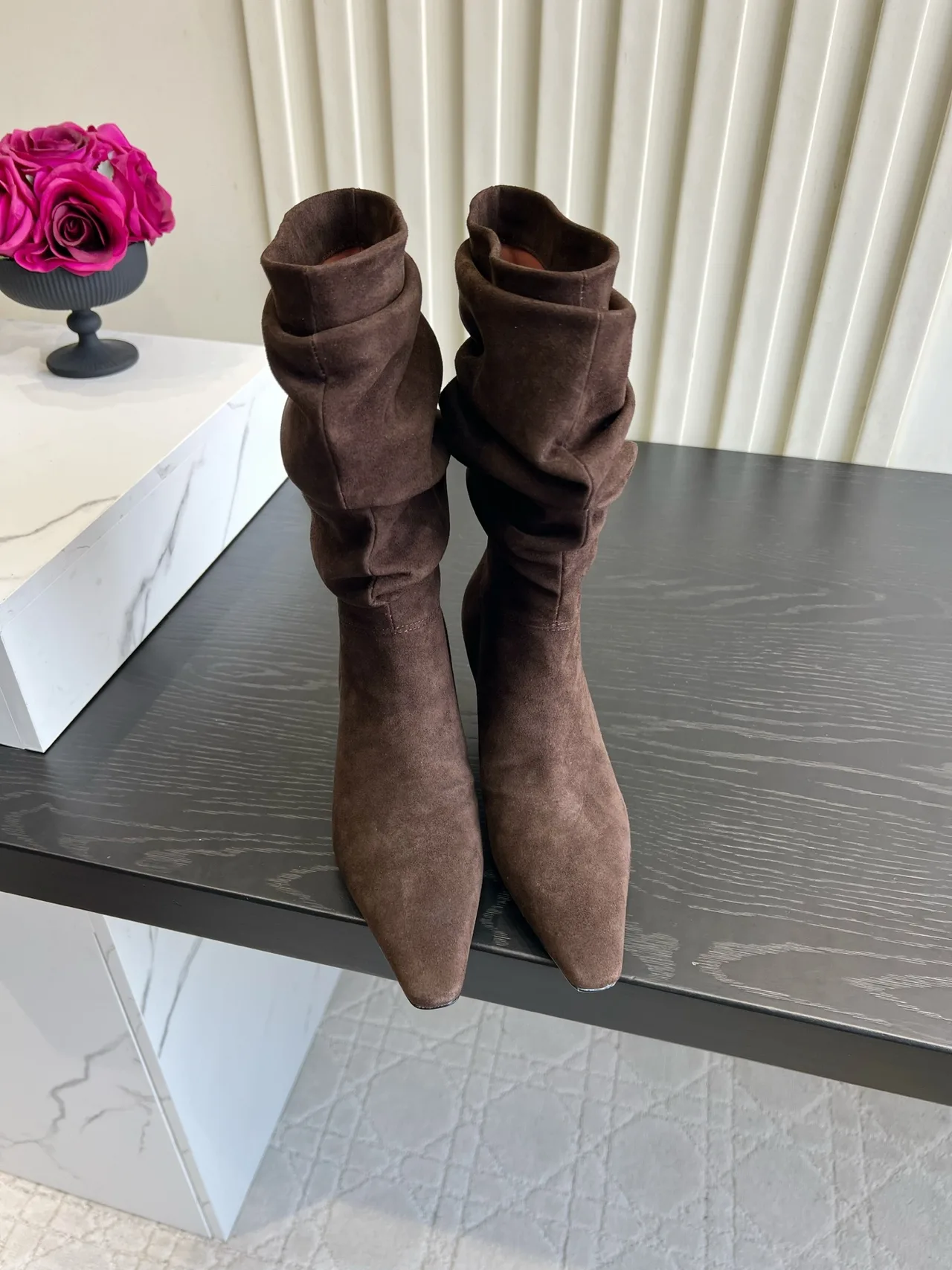 Amina Muaddi Cowhide Ribbed Suede-Look Pointed-Toe Ankle Boots in Brown · view 1