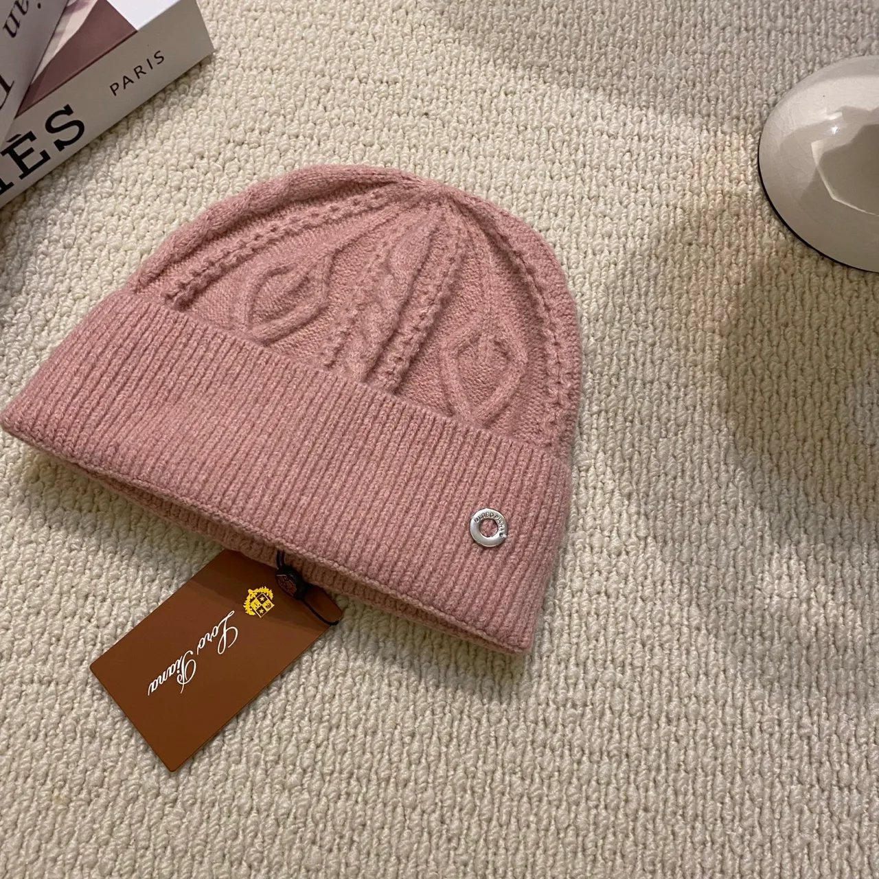 Loro Piana Cable-Emblem Beanie in Black & White & Tan & Grey & Pink & Brown & Blue · view 7