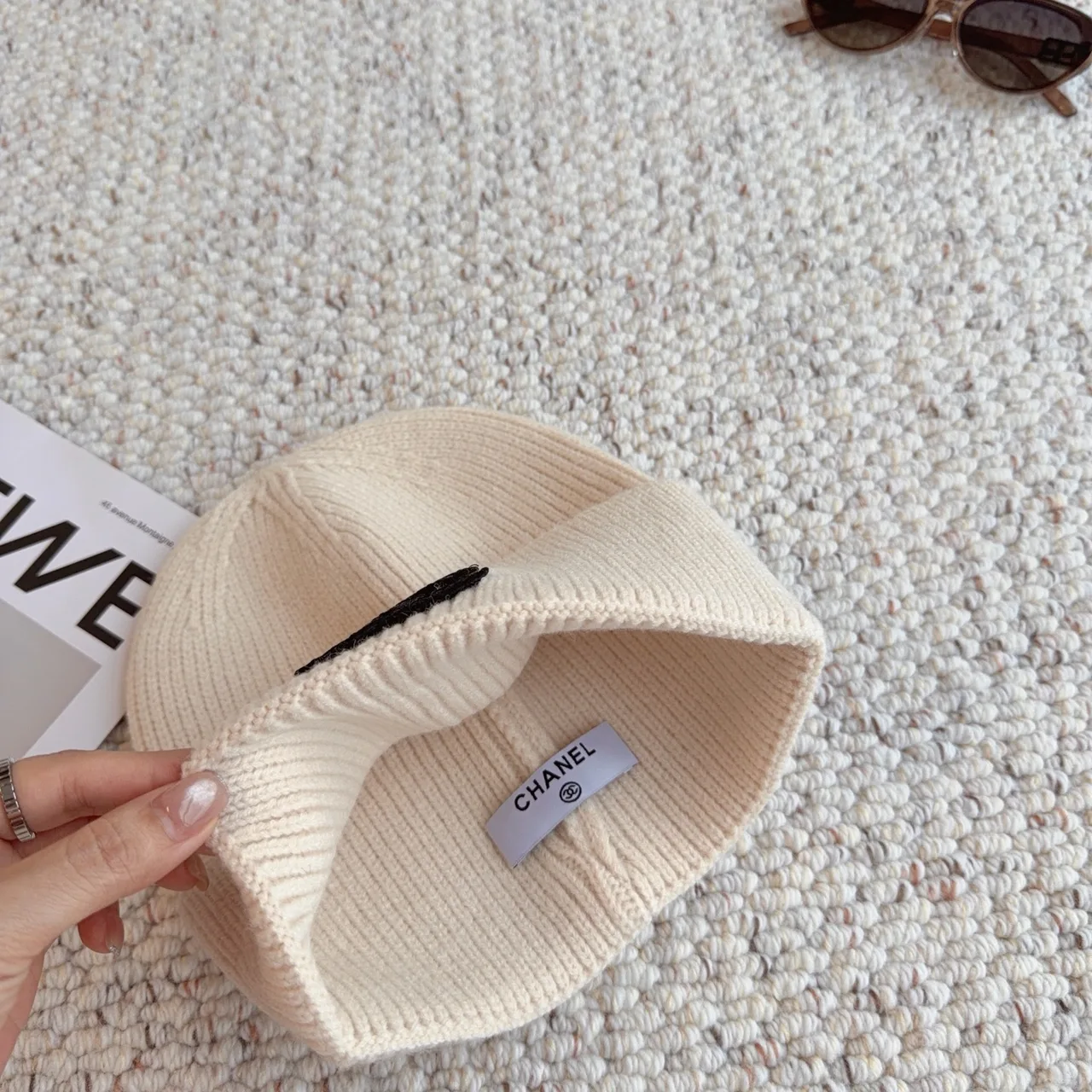 Chanel Ribbed Embroidered Beanie in White · view 7
